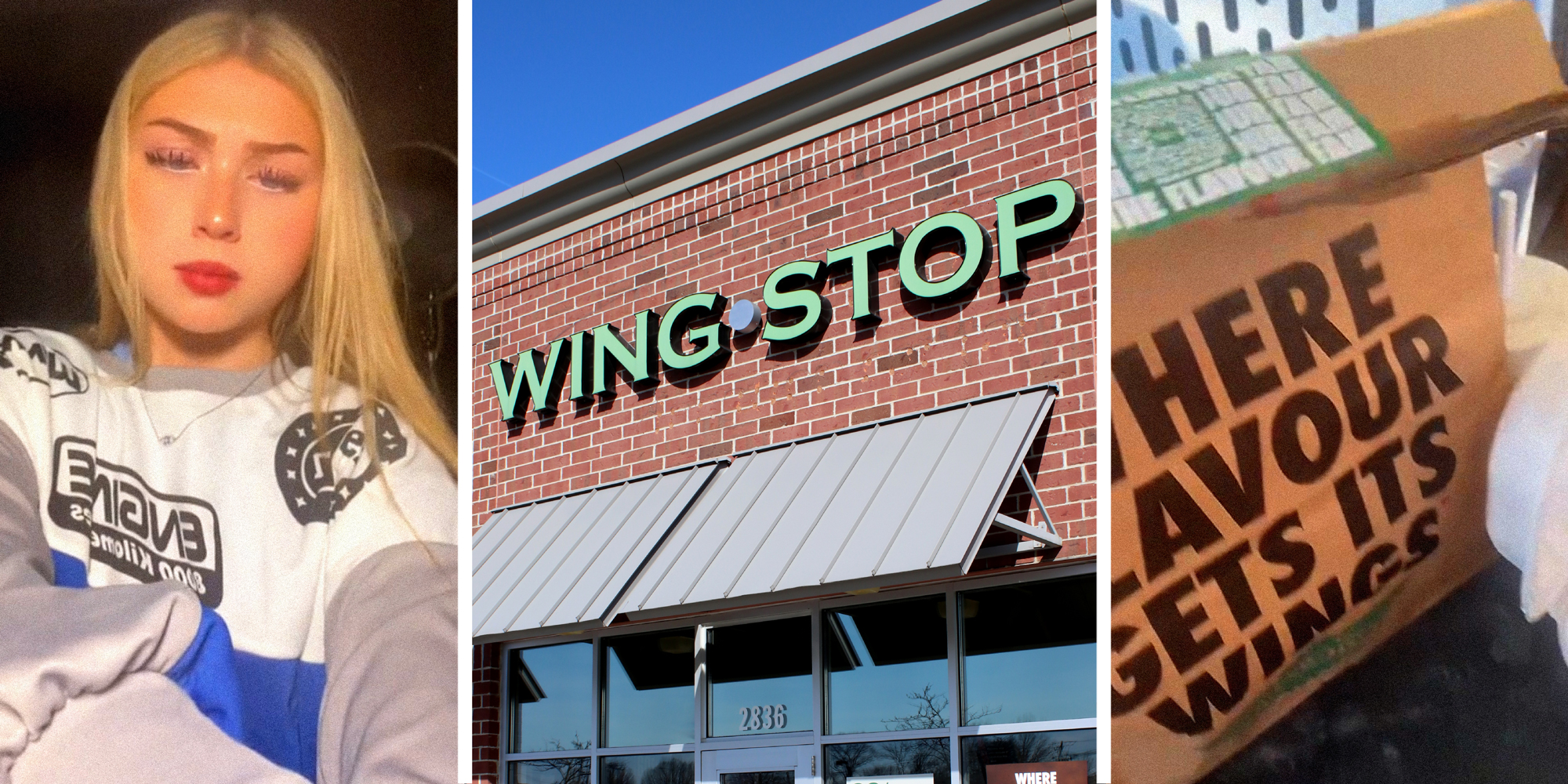 3 panel image: a person explains, the exterior of a Wing Stop restaurant, and a Wing Stop bag.