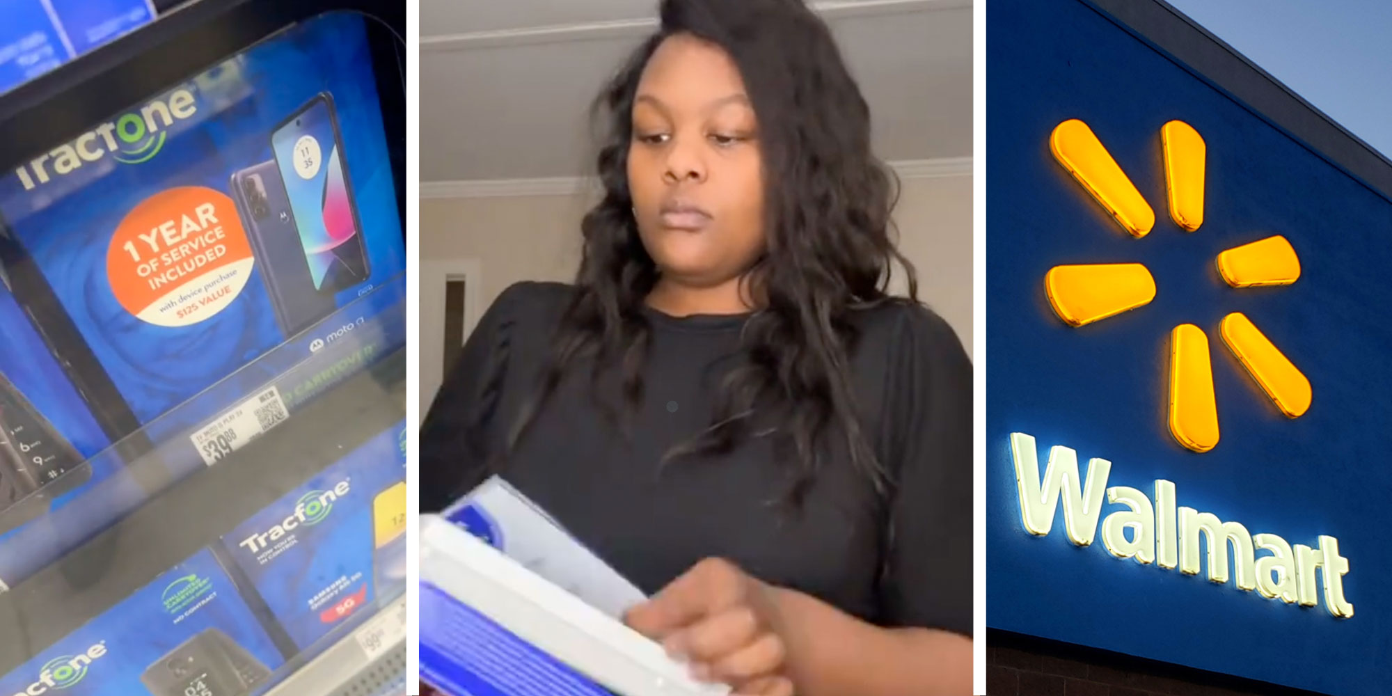 3 panel image of tracfone, woman, wallmart sign