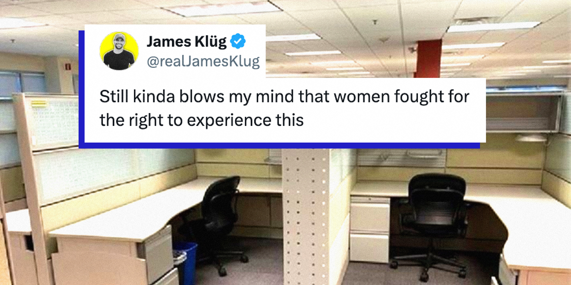 Two empty work cubicles. Text over: Still kinda blows my mind that women fought for the right to experience this.