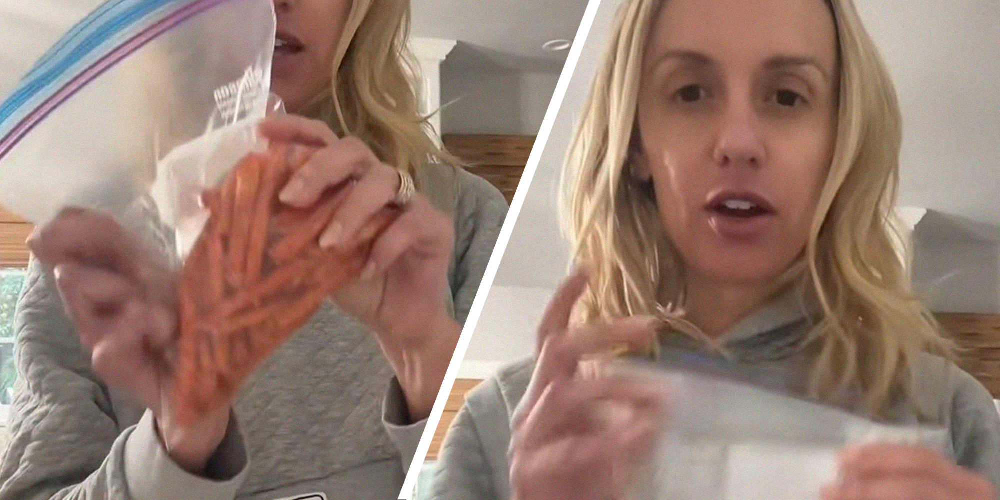 woman holding up ziploc bag filled with chips(l) Woman shares why ziploc bags are now lame(r)