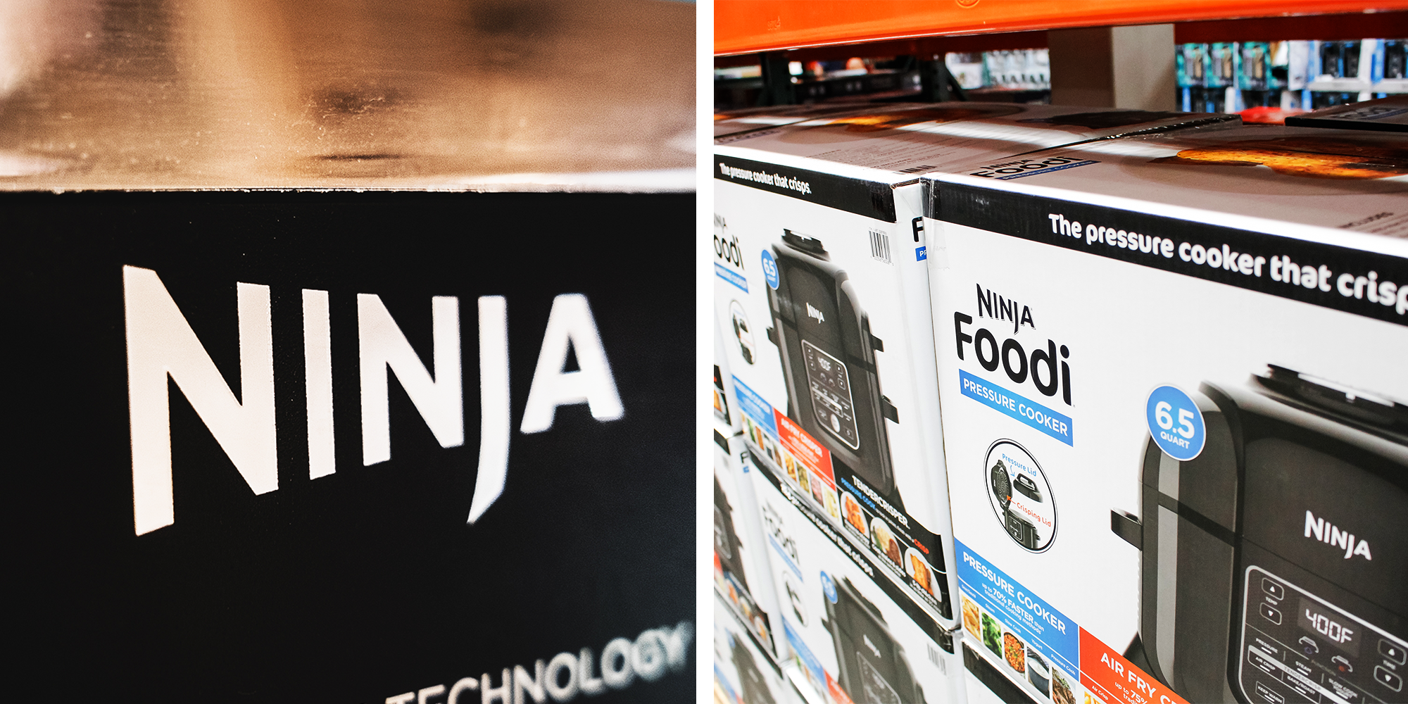2 Panel image, Ninja Logo and Ninja Foodi presure cookers in boxes