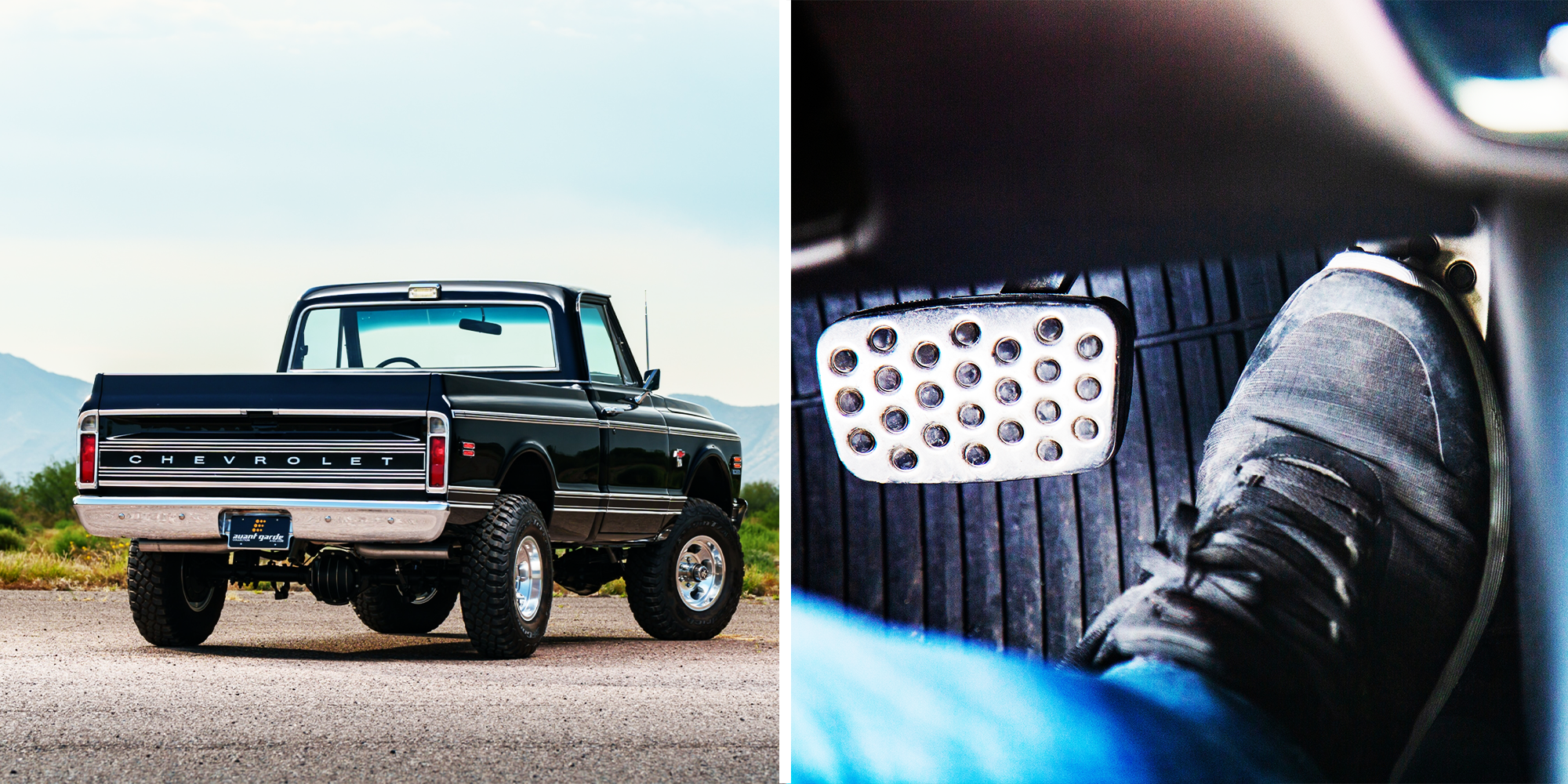 2 Panel Image of chevy truck from behind and Man stepping on gas pedal