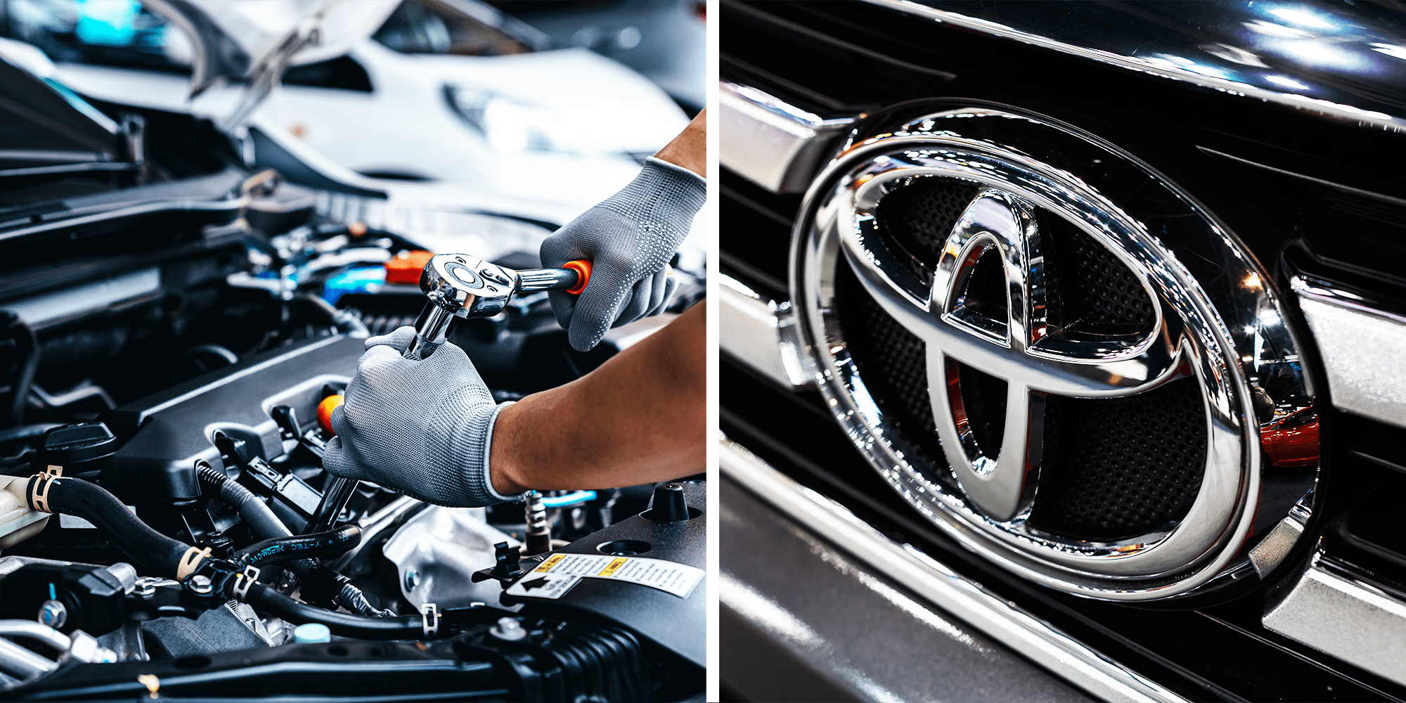 2 panel image, mechanic working on car and Toyota logo