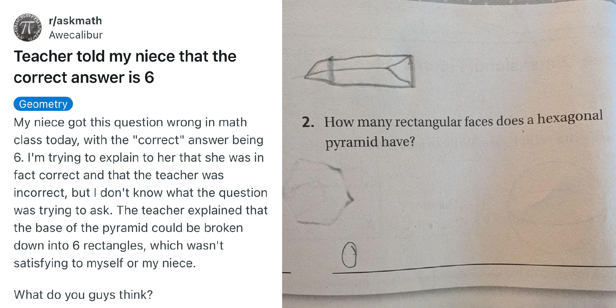 Reddit thread that reads, "My niece got this question wrong in math class today, with the "correct" answer being 6. I'm trying to explain to her that she was in fact correct and that the teacher was incorrect, but I don't know what the question was trying to ask. The teacher explained that the base of the pyramid could be broken down into 6 rectangles, which wasn't satisfying to myself or my niece. What do you guys think?"
