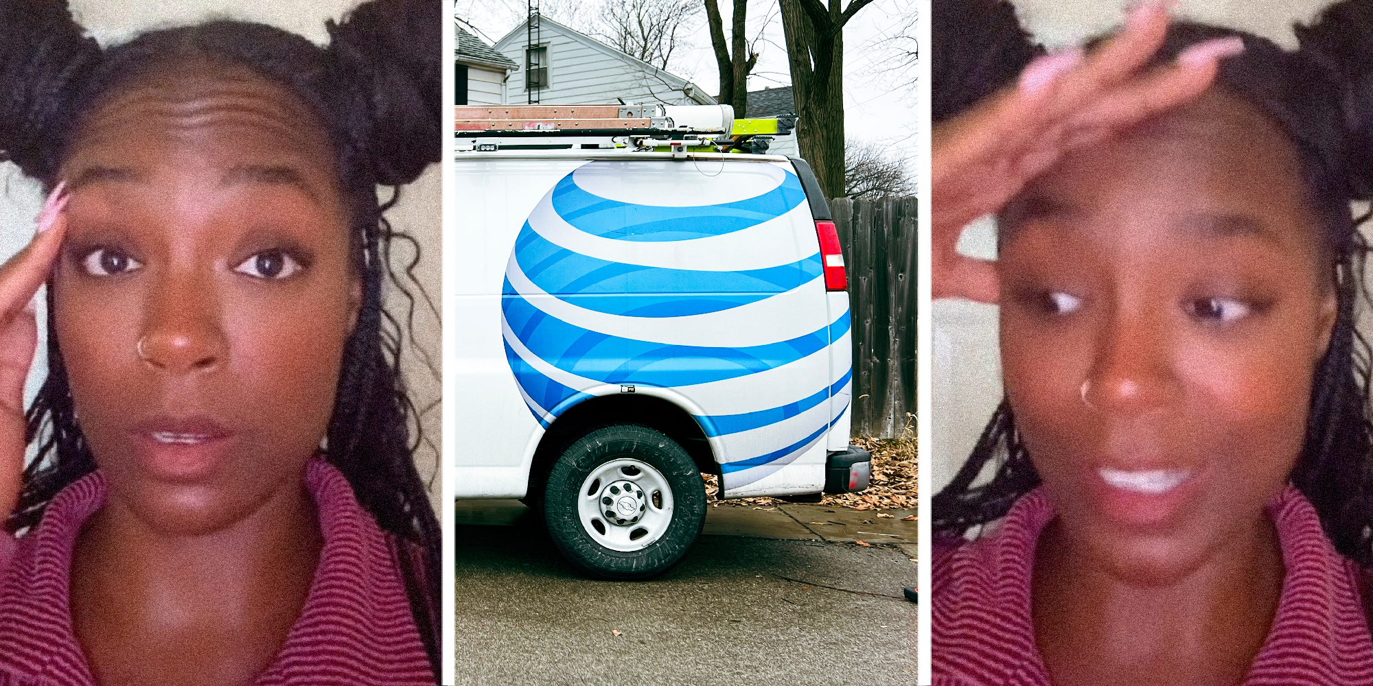 3 panel image: on the sides a person explains, in the middle the back of a typical AT&T repair van.