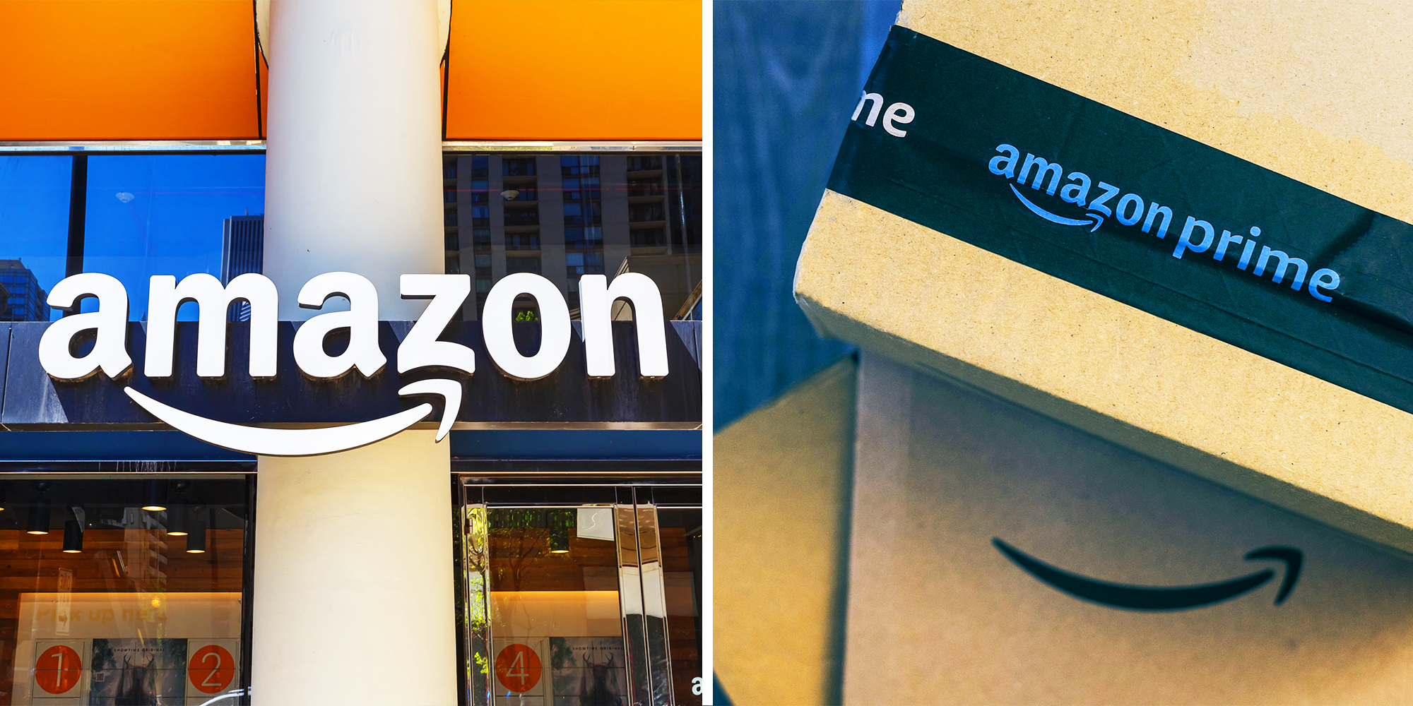 2 panel image, amazon logo and packages of amazon prime