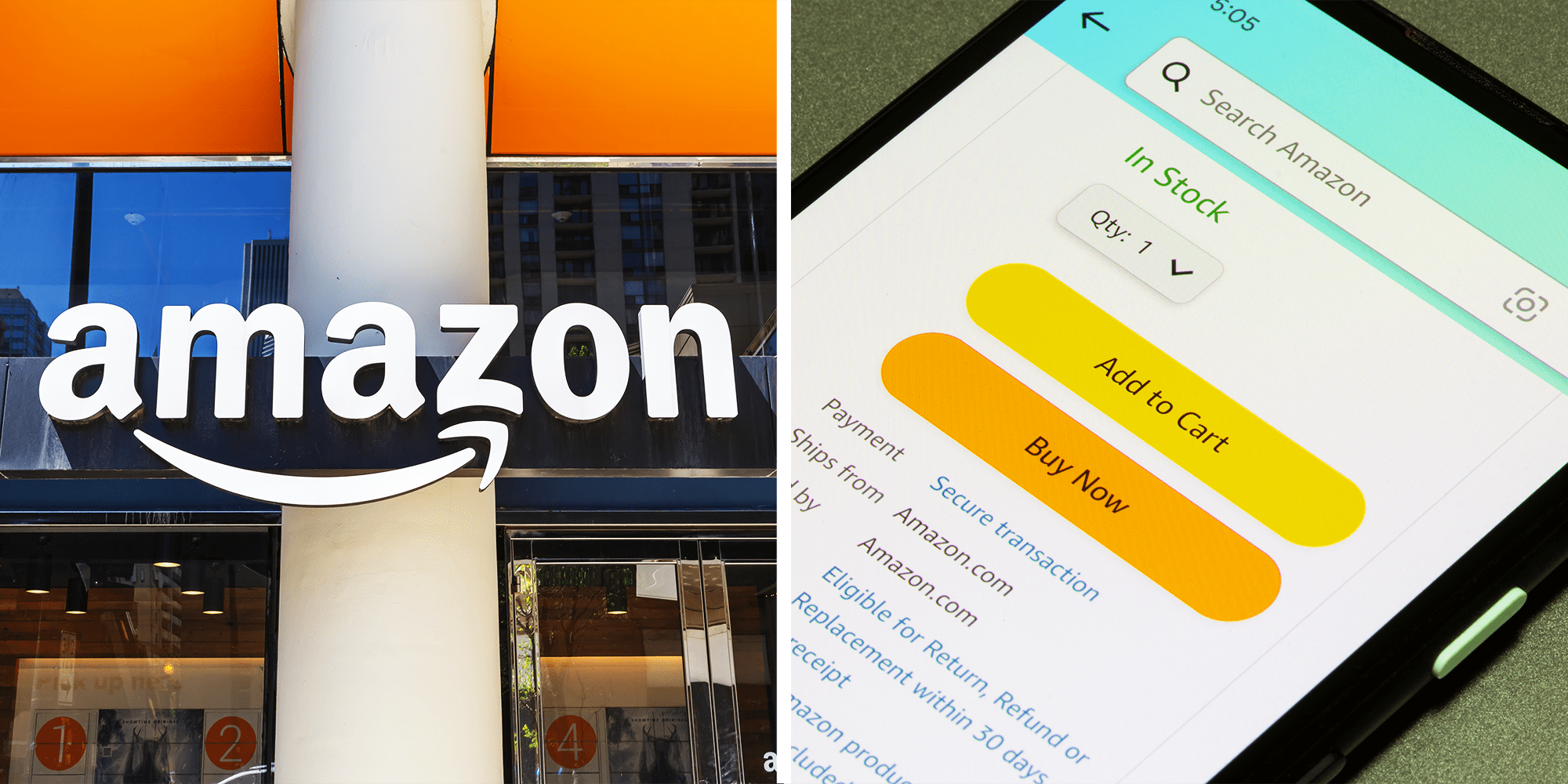 2 Panel Image of Amazon logo and Amazon website