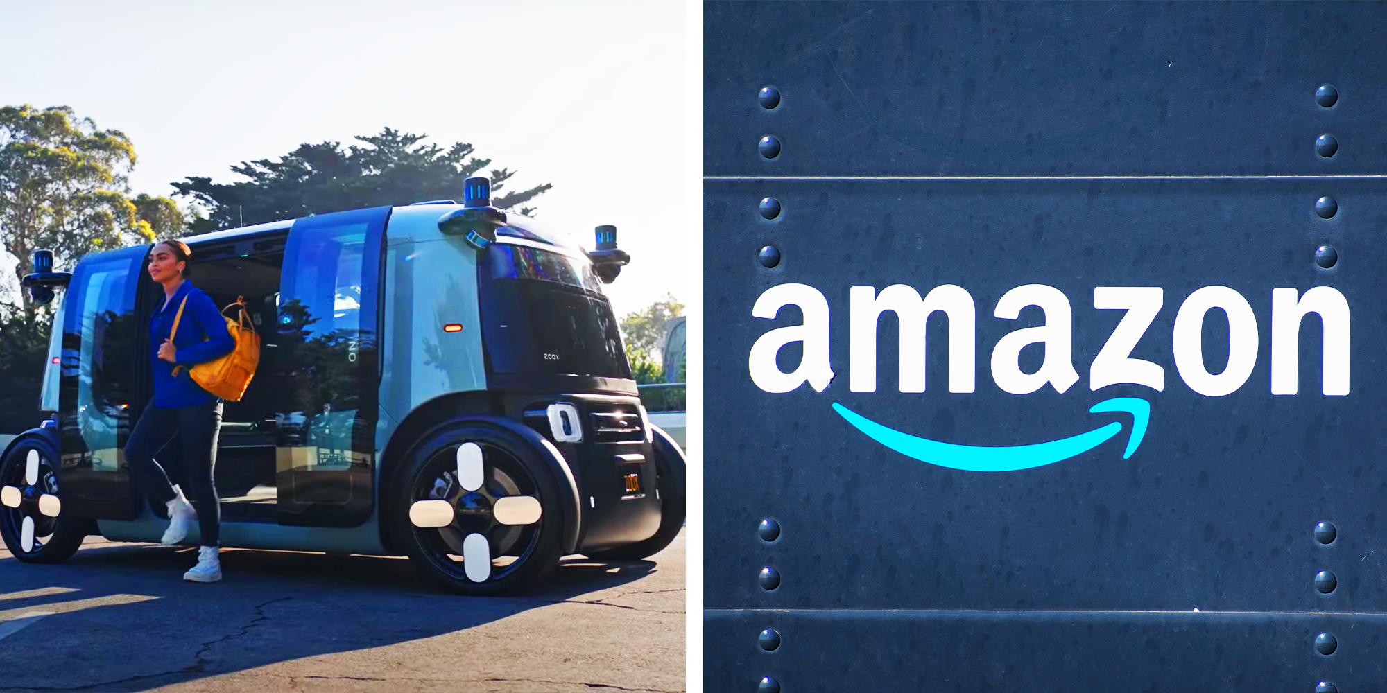 2 Panel image, woman coming out of self driving car, and amazon logo