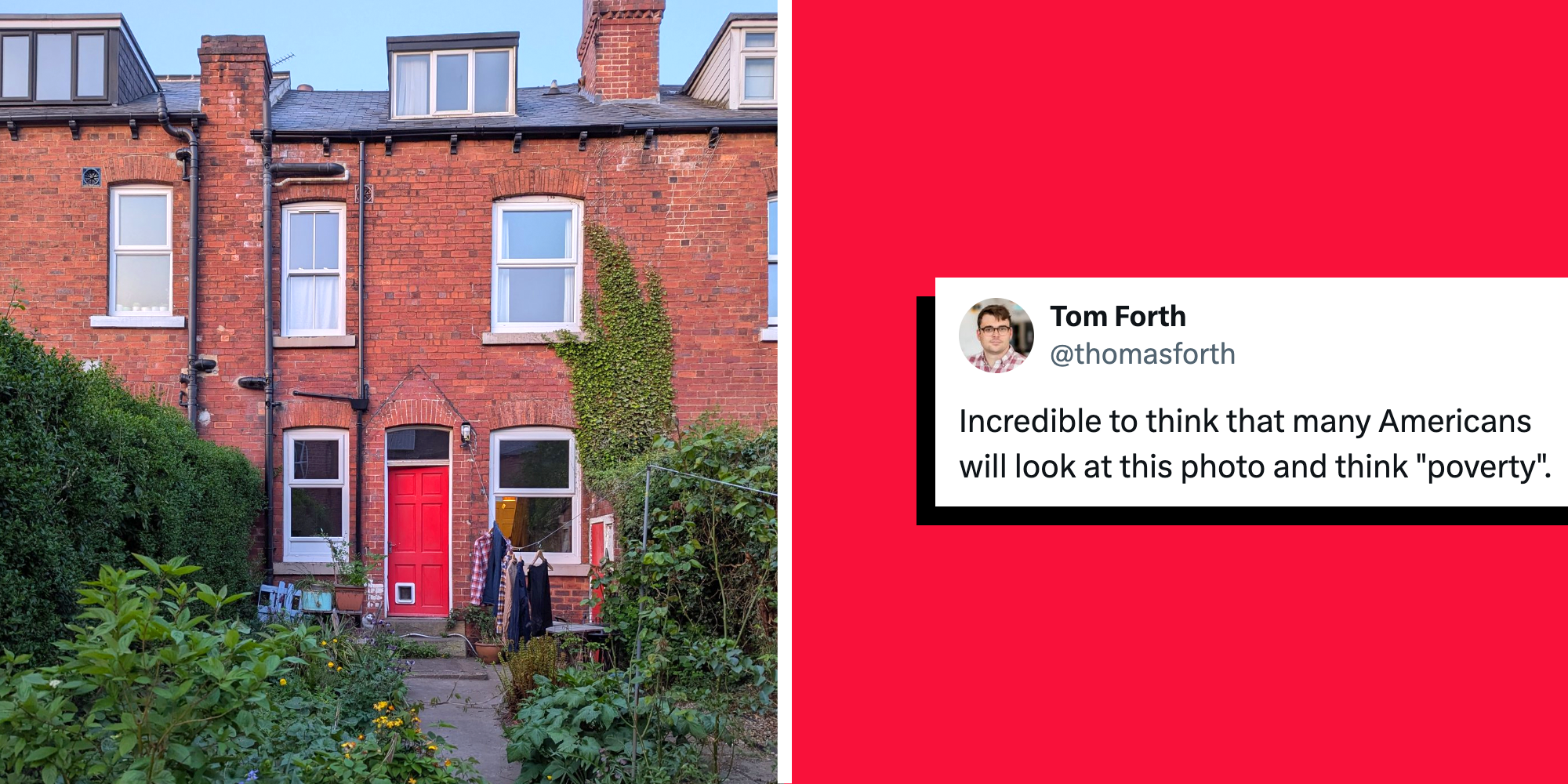 Two panel image with brick housing buidling on left and tweet on right.