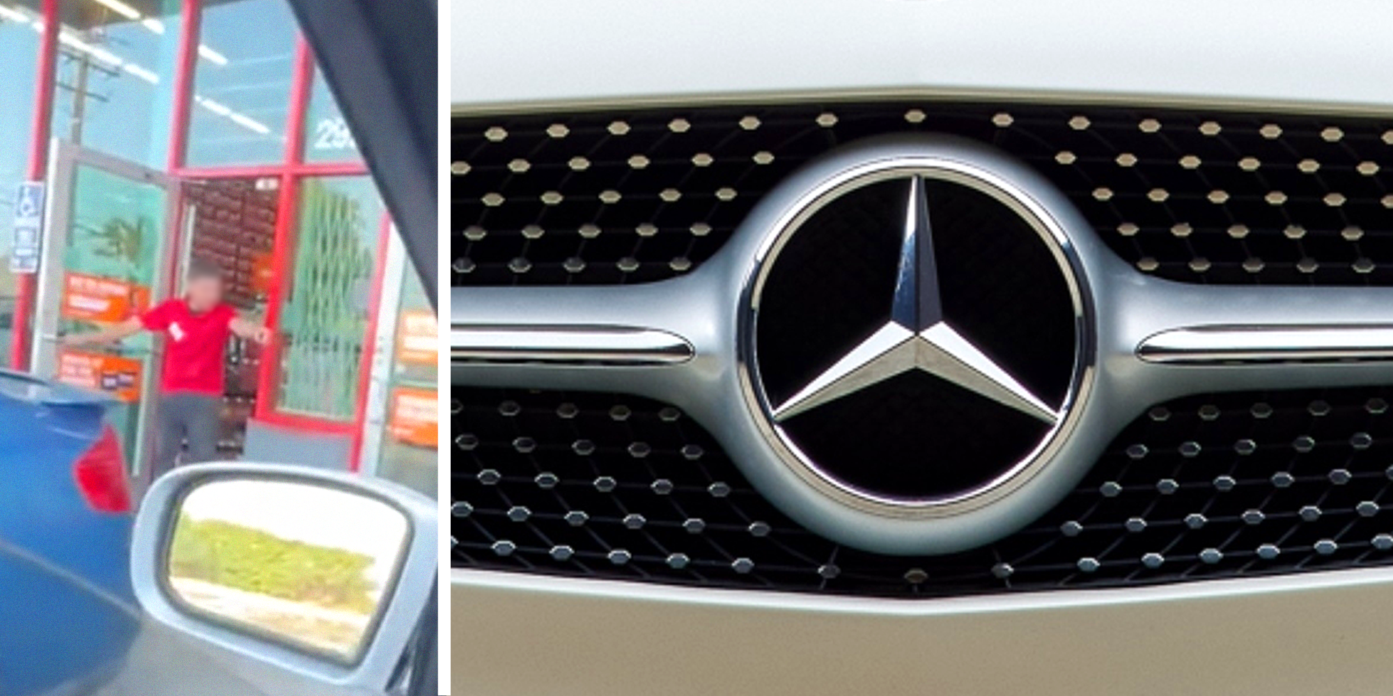 2 panel image of an AutoZone worker laughing and a Mercedes Benz logo