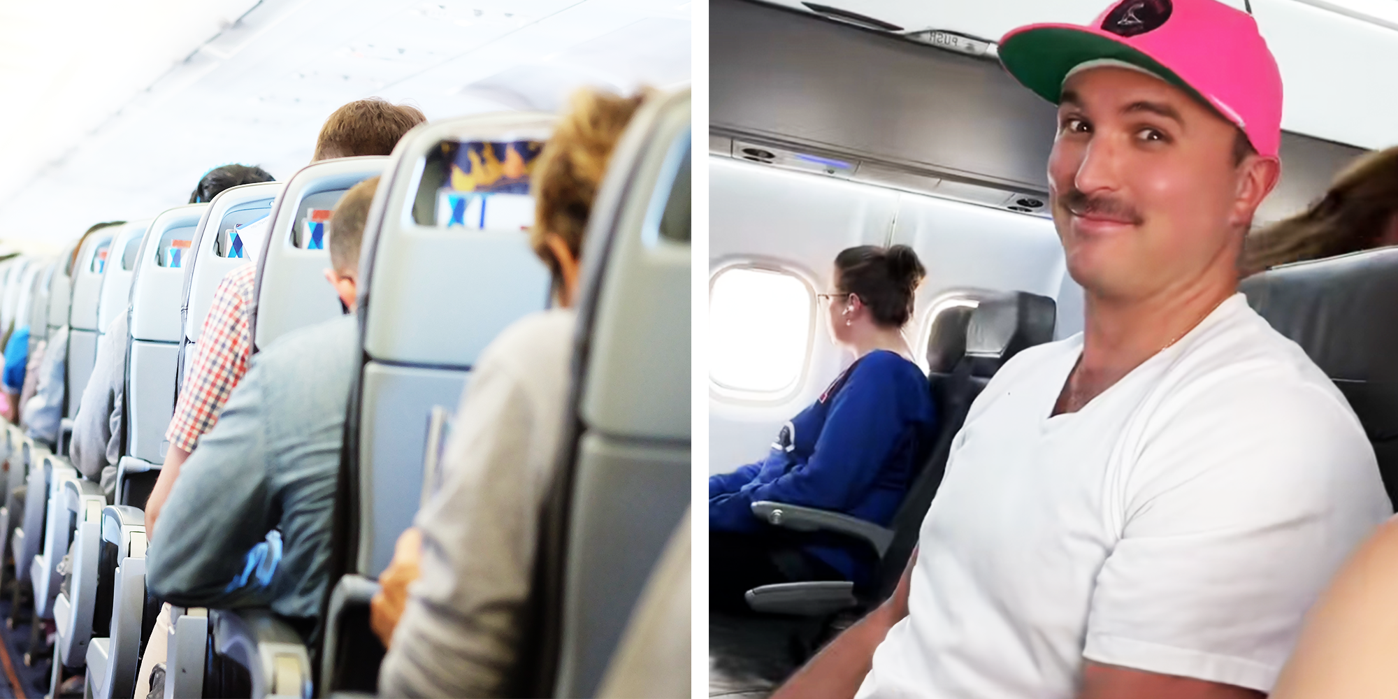 2 Panel image, plane sitting in line and a man with pink hat