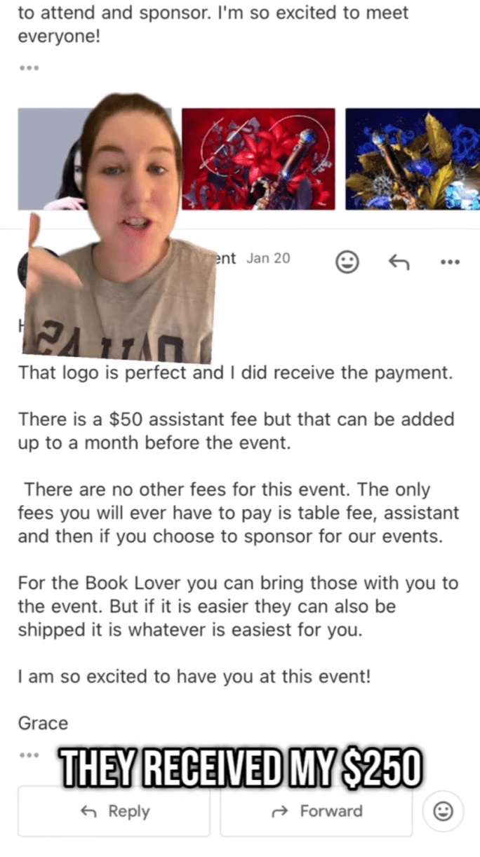 Greenscreen proof of sponsorship communication with Archer Management. Text overlay reads, "They received my $250"