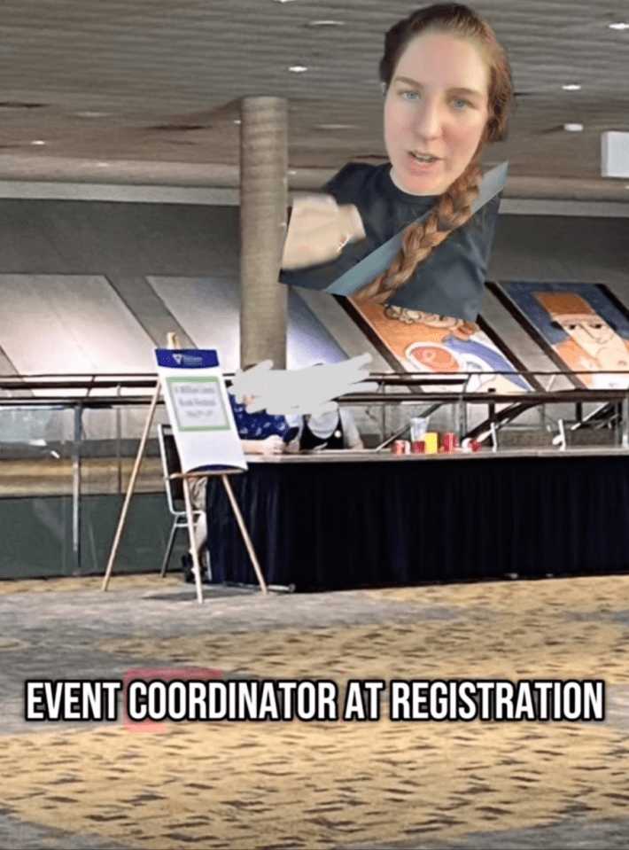 Greenscreen photo of the event registration for A Million Lives book festival with no signage or information about the event.