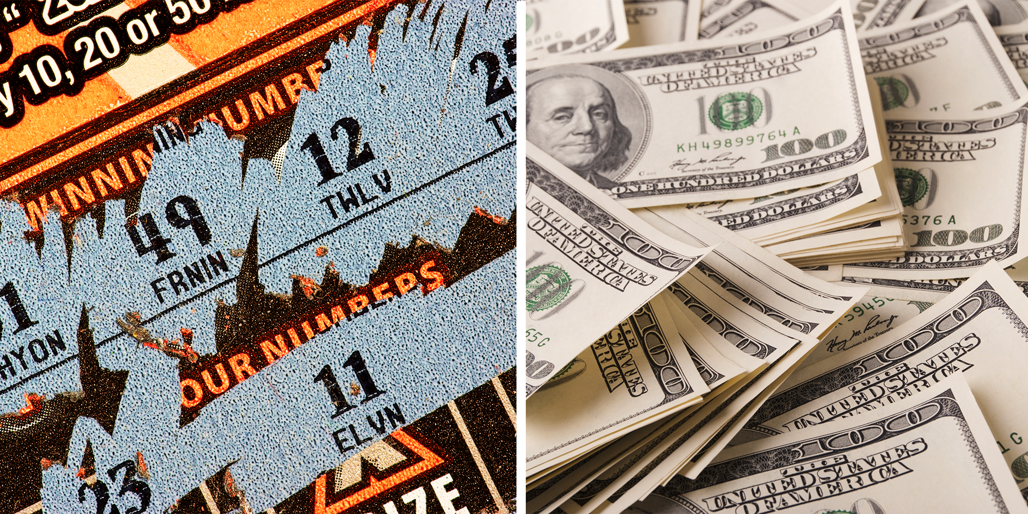 2 Panel image of lottery scratches and piles of money