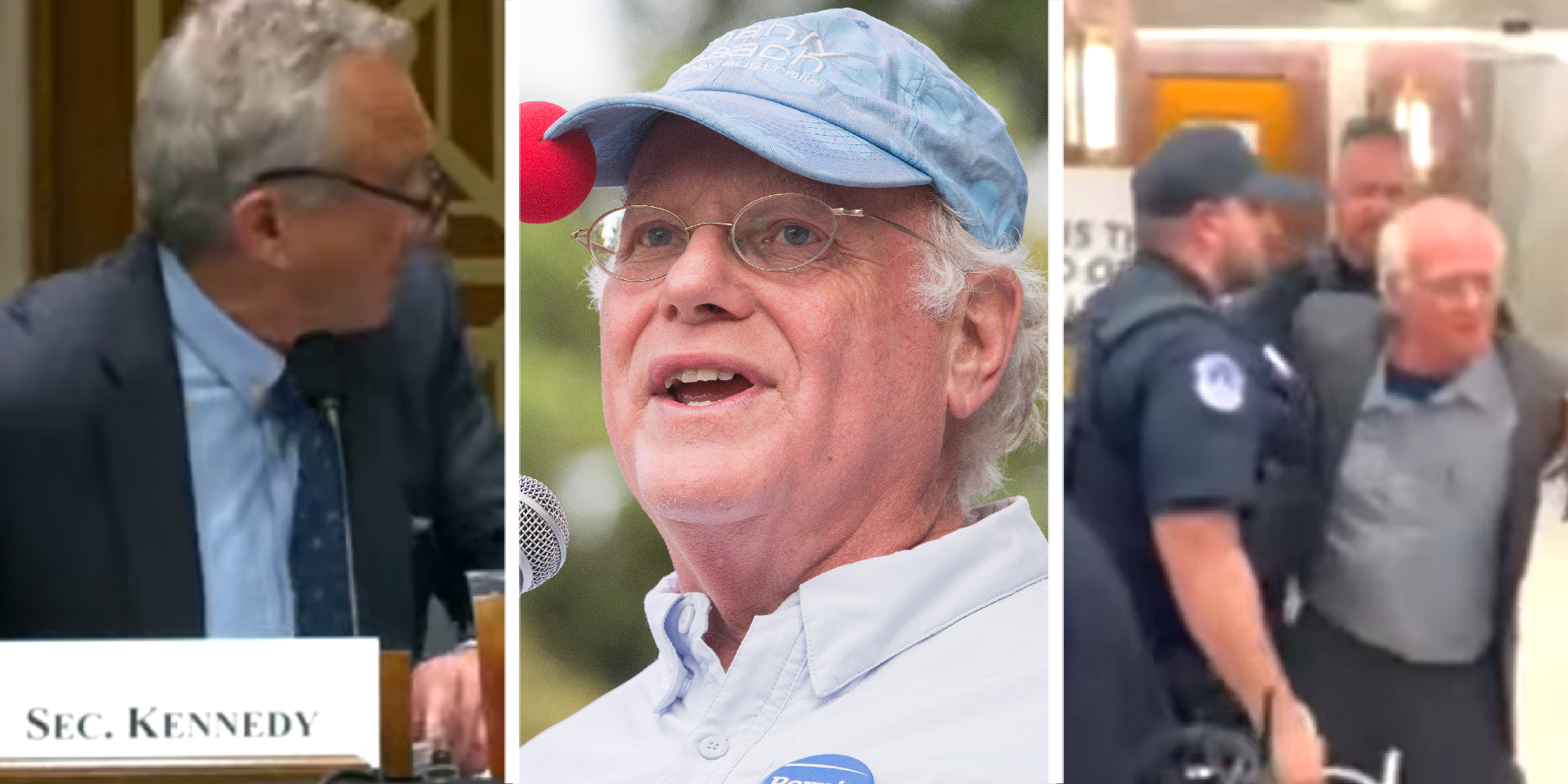 3 panel image of the hearing that was disrupted by Ben Cohen, co-founder of the ice cream brand Ben &Jerry's, and a shot of him at another public speaking event.