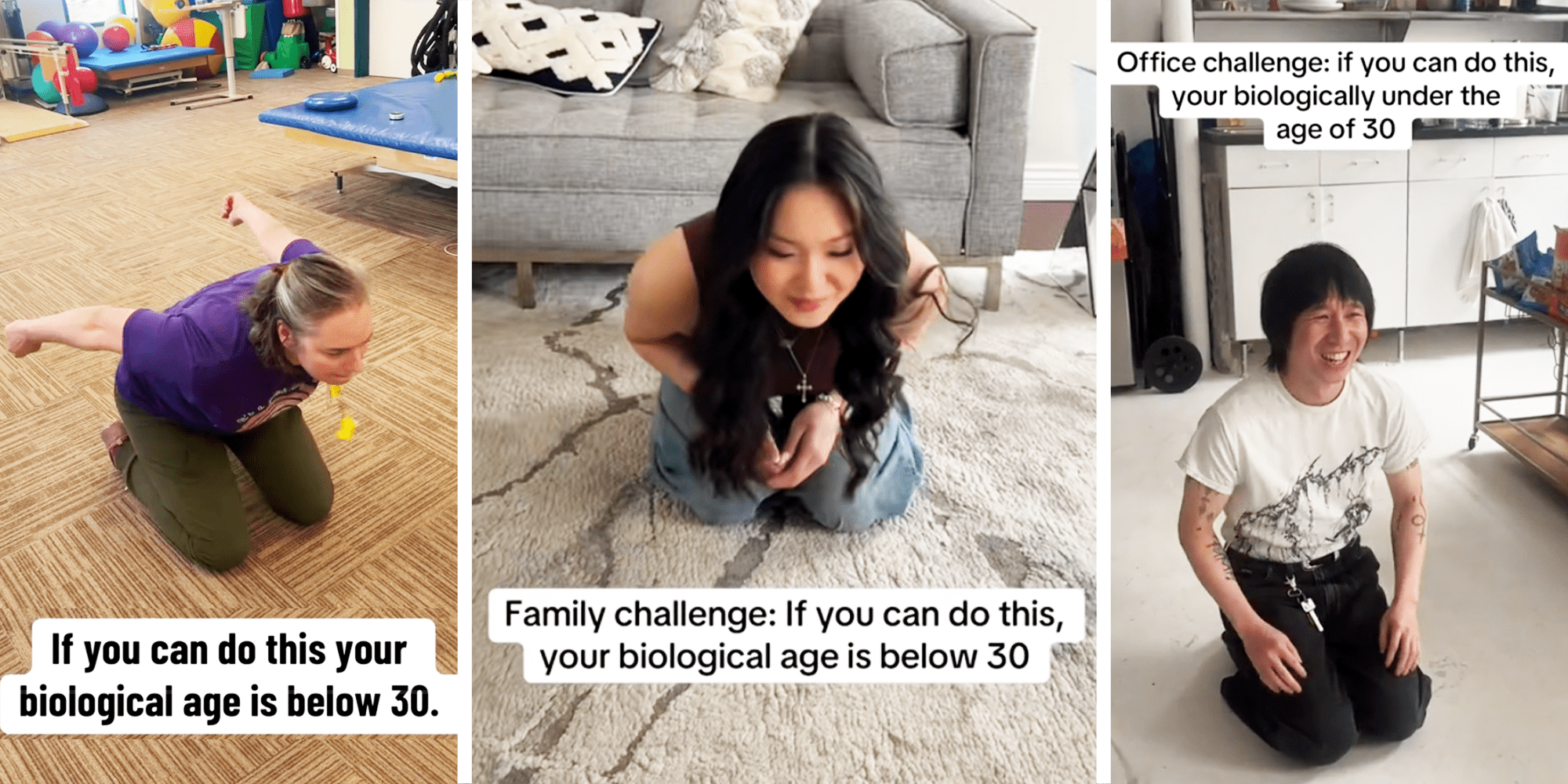 3 Panel Image, 2 women on their knees looking ahead, and a man on his knees sitting on the floor