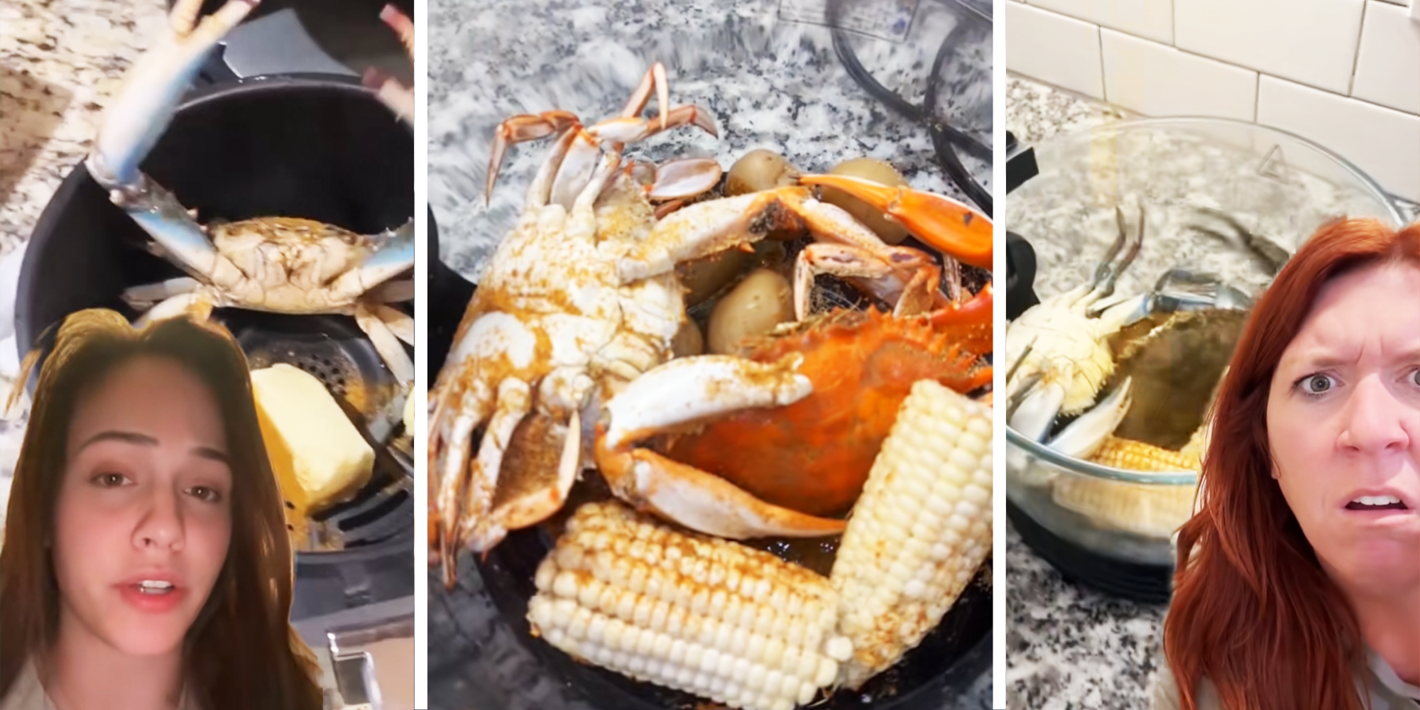 3 Panel image, Blue Crabs in Air fryer, and two women terrified
