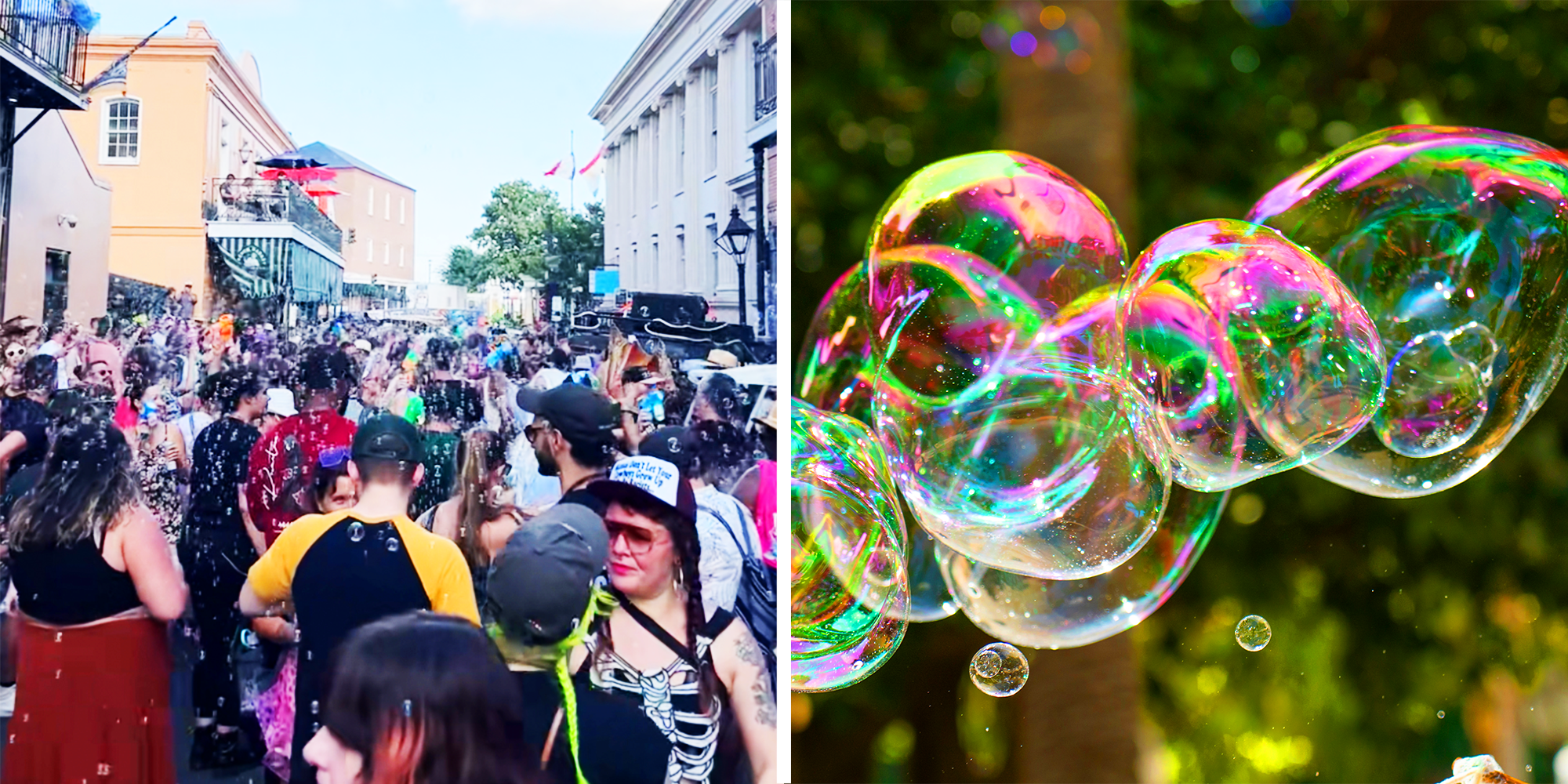 2 Panel Image, Crowd of people and cluster of bubbles