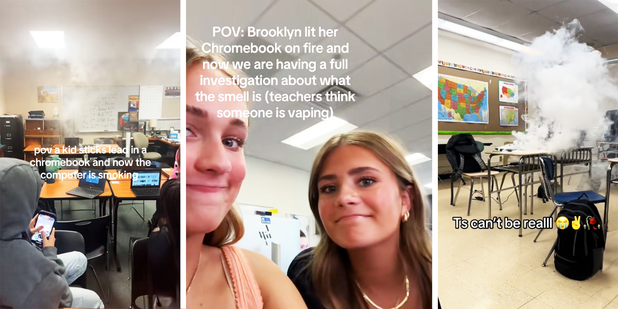 3 Panel Image, smoke in the classrooms and 2 girls