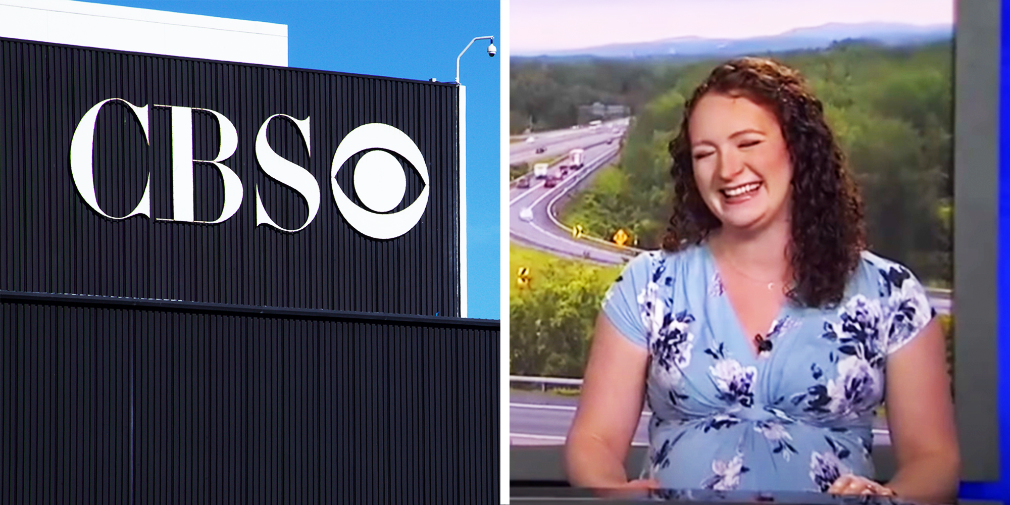 2 Panel image of CBS building and pregnant News Anchor