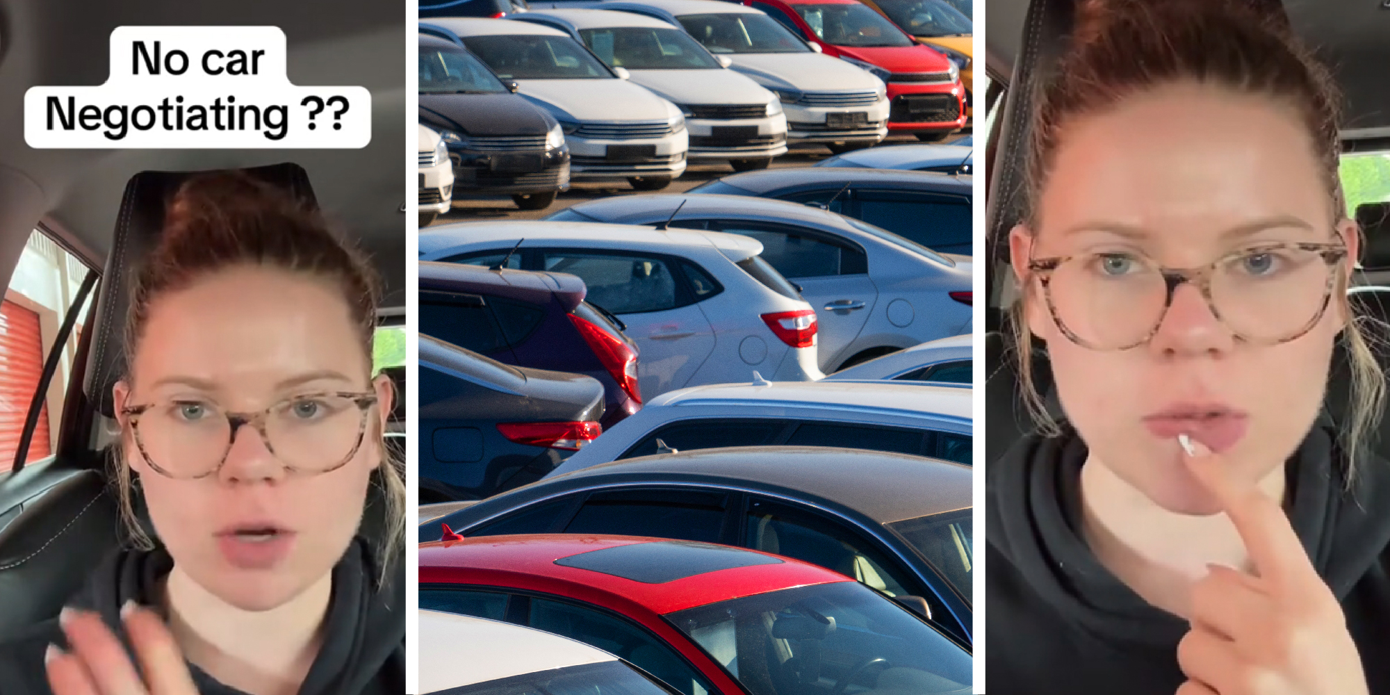 3 panel image: on the sides a person wonders aloud with text over: No car negotiating?? In the middle is a typical car lot.