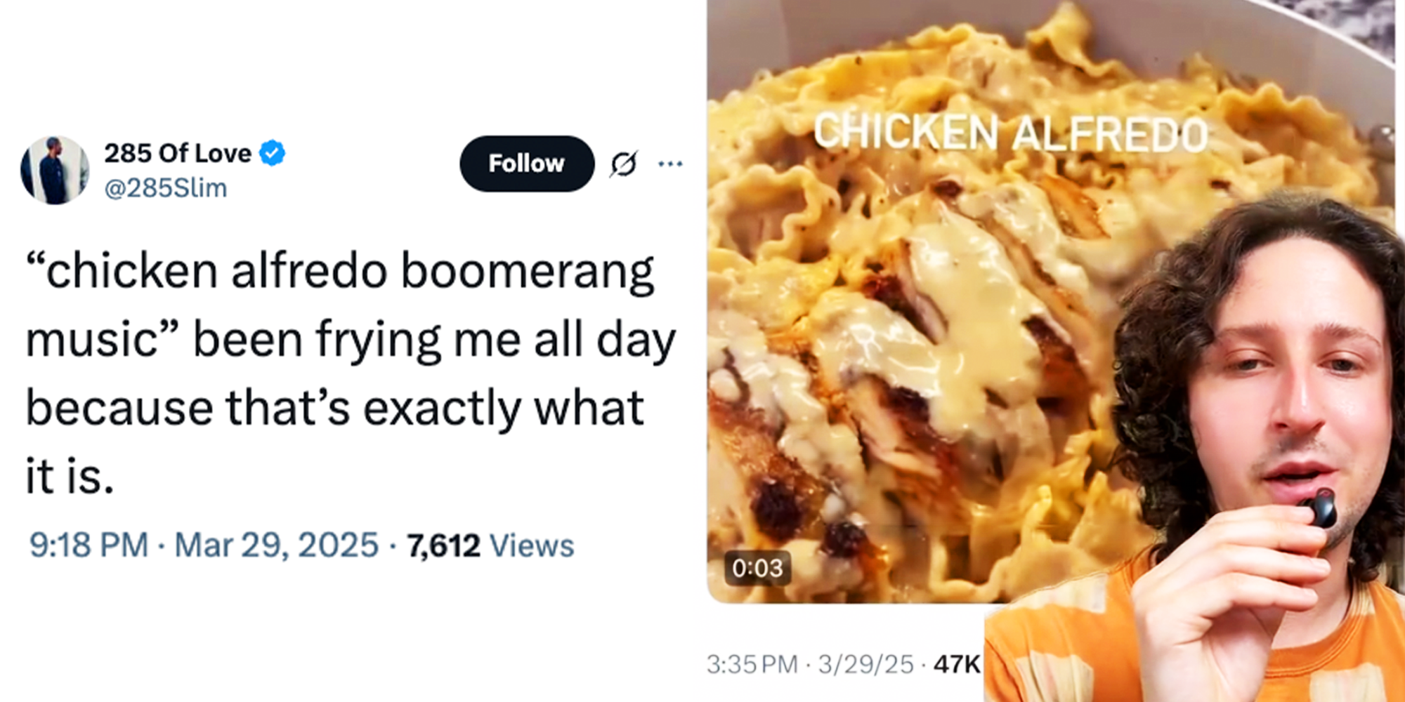 2 Panel Image, Caption from X and Man explaining Chicken Alfredo