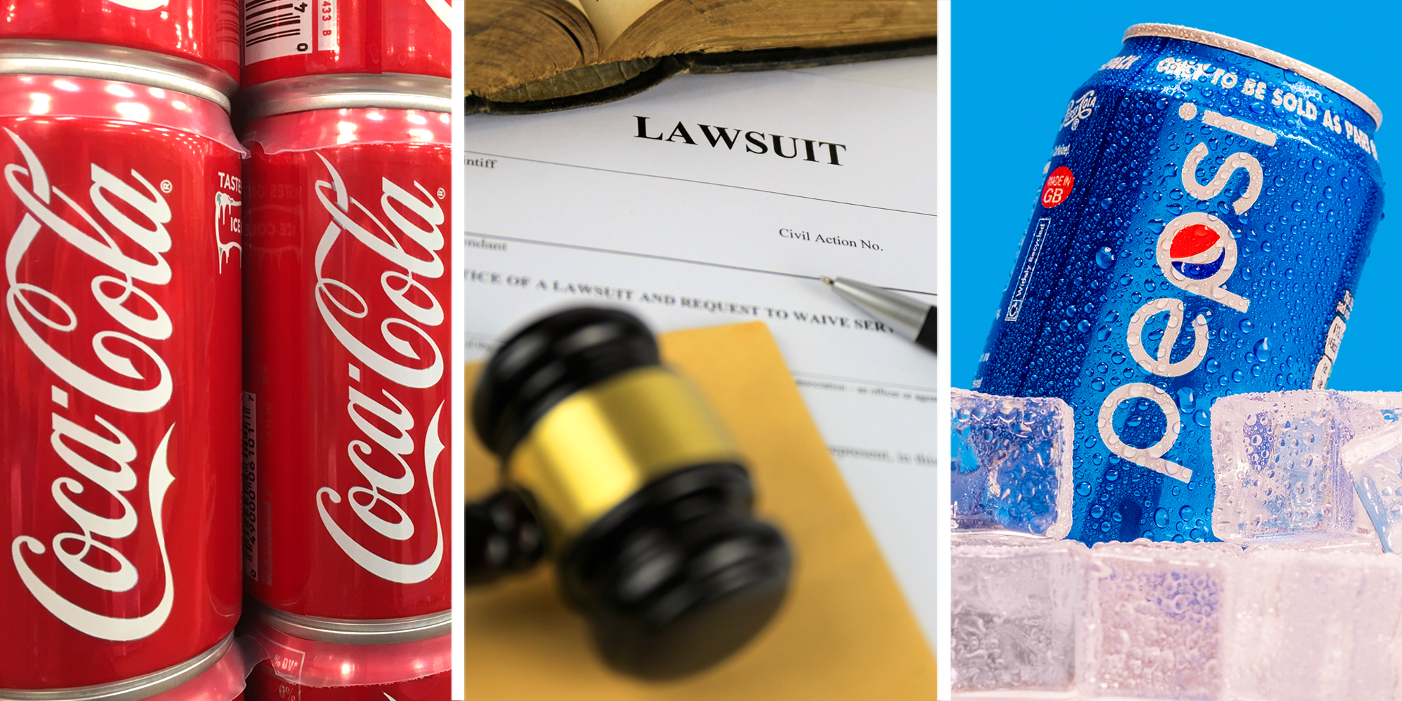 Three panel image with Coca Cola cans on left, Pepsi can on right and gavel in center.