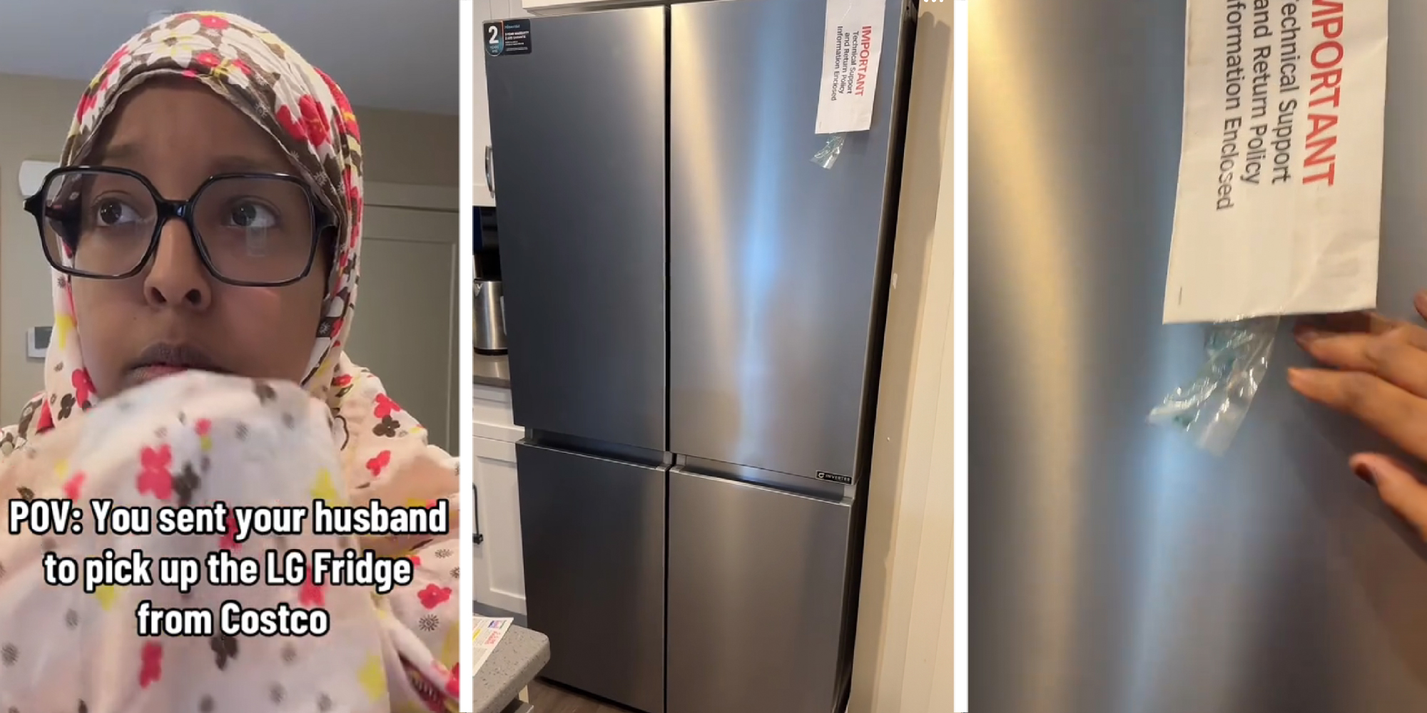 3 panel image of a person looking at a phone in a kitchen.