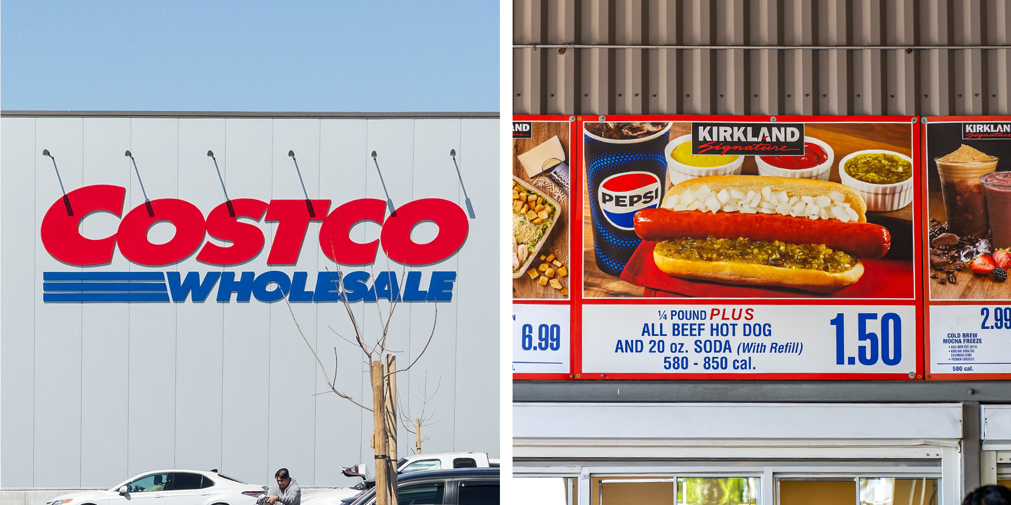 2 PAnel Image, Costco Store Front and Costco Hot dog