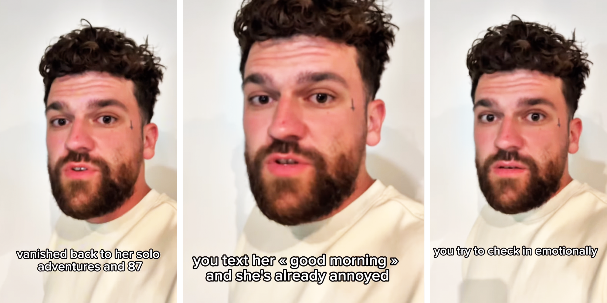 3 Panel image, Man explaining his view on dating single women