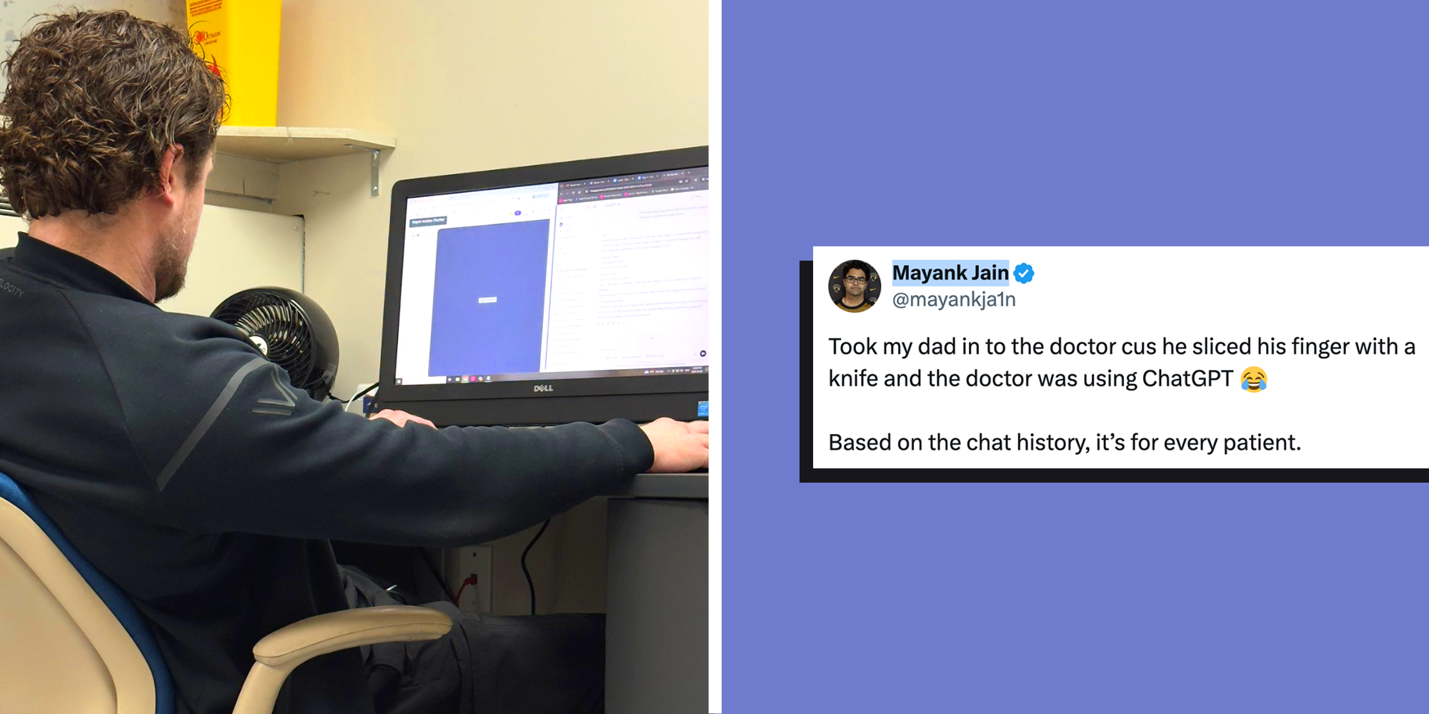 Split screen with doctor looking at computer screen on left and tweet on right.