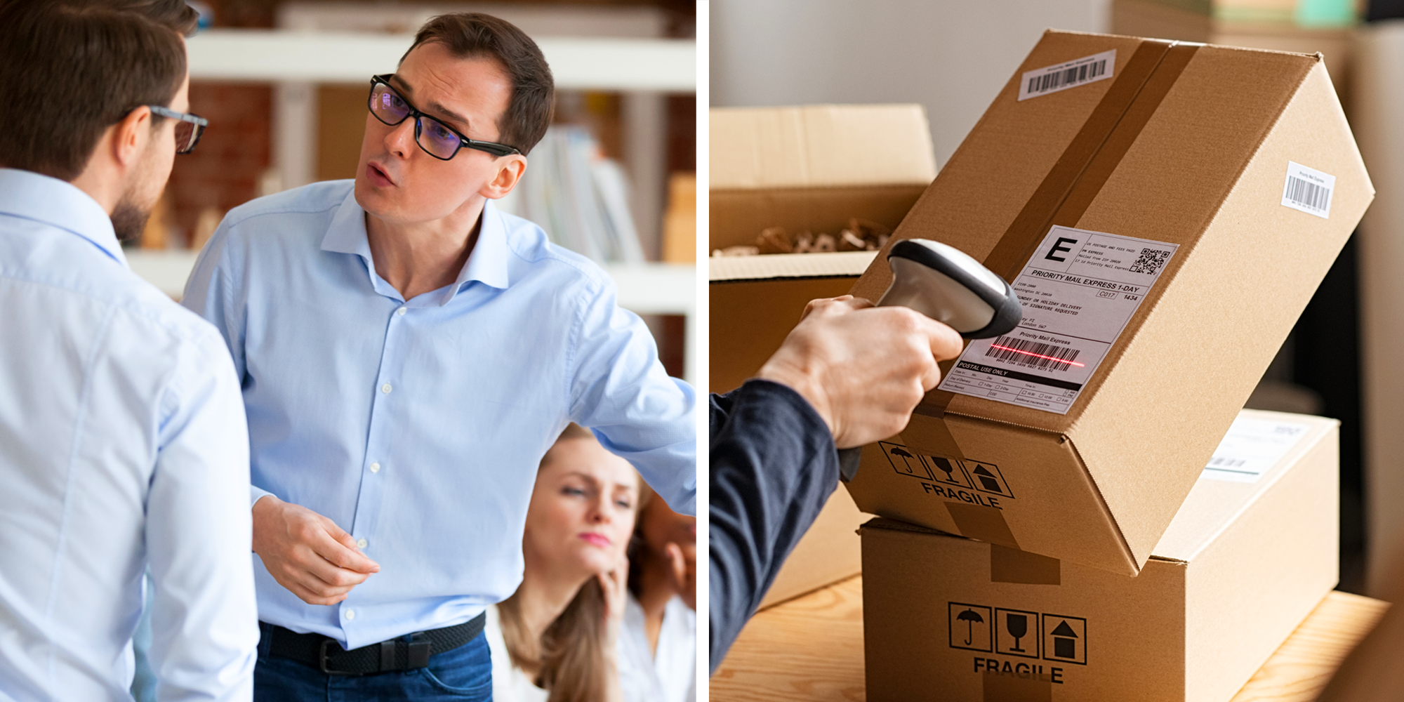 Split screen with two male coworkers talking on left and packages being scanned on right.