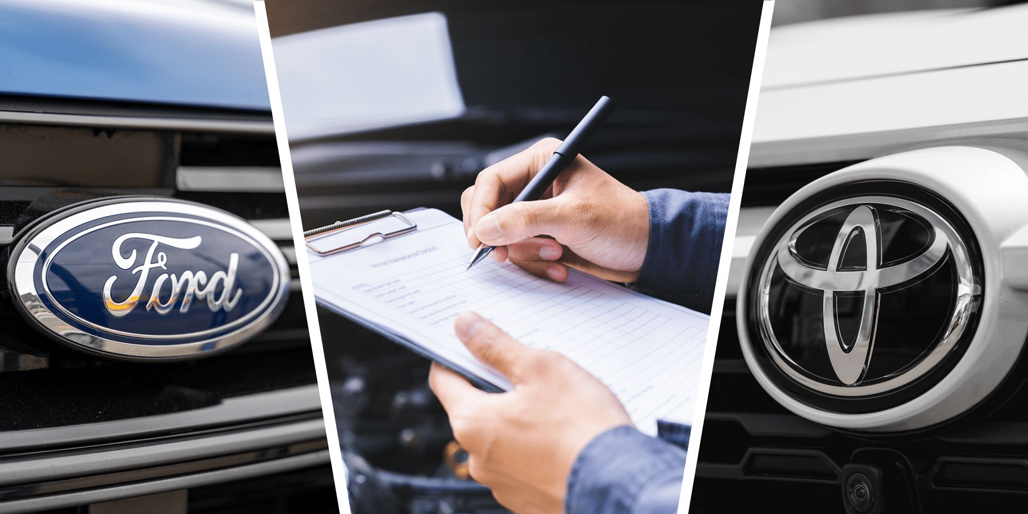 3 panel image showing Ford and Toyota logo on the left and right, with a center image of a car inspection checklist