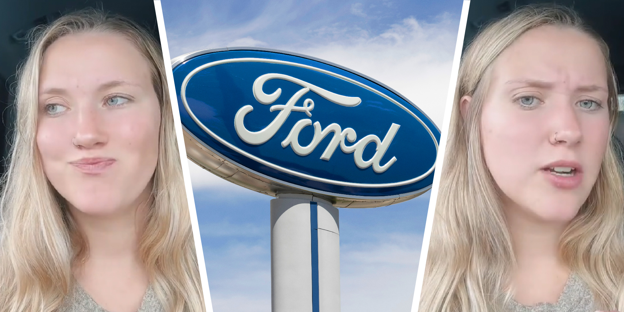 3 panel image of a person explaining on the sides and a Ford dealership sign in the middle.