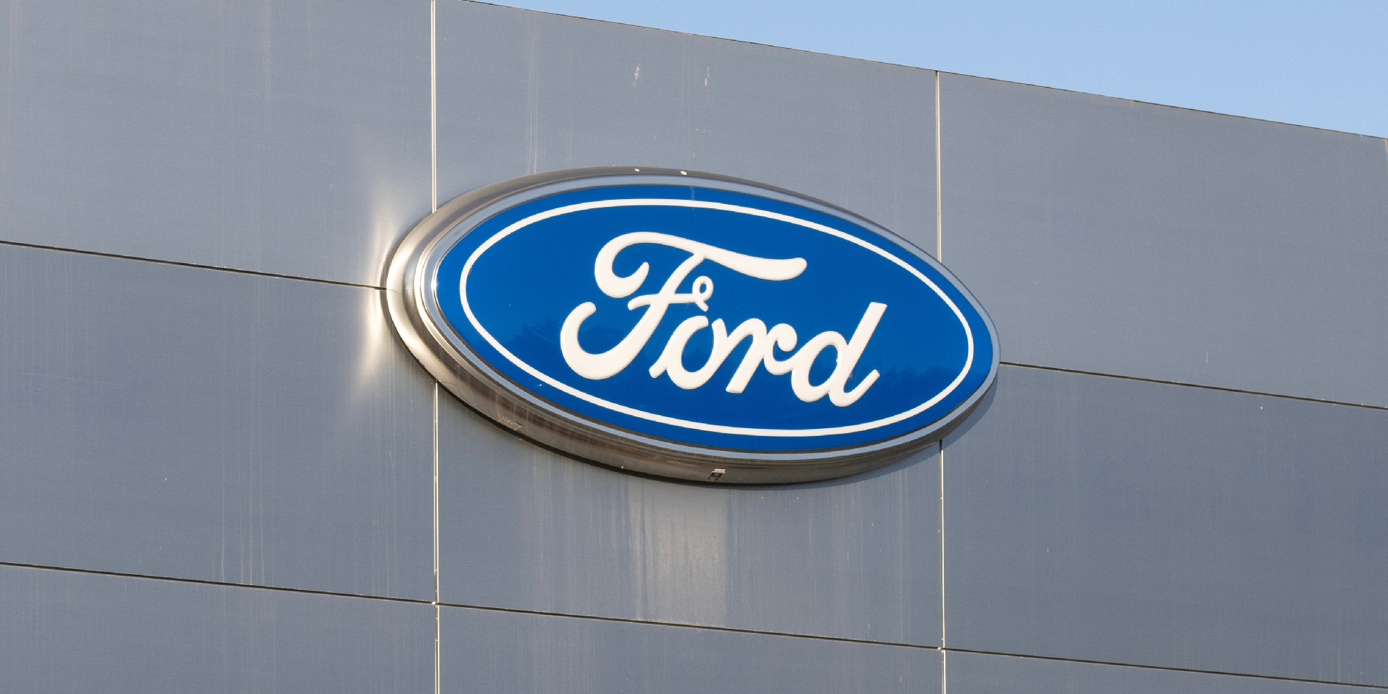 Ford motor company logo at a Ford dealership.