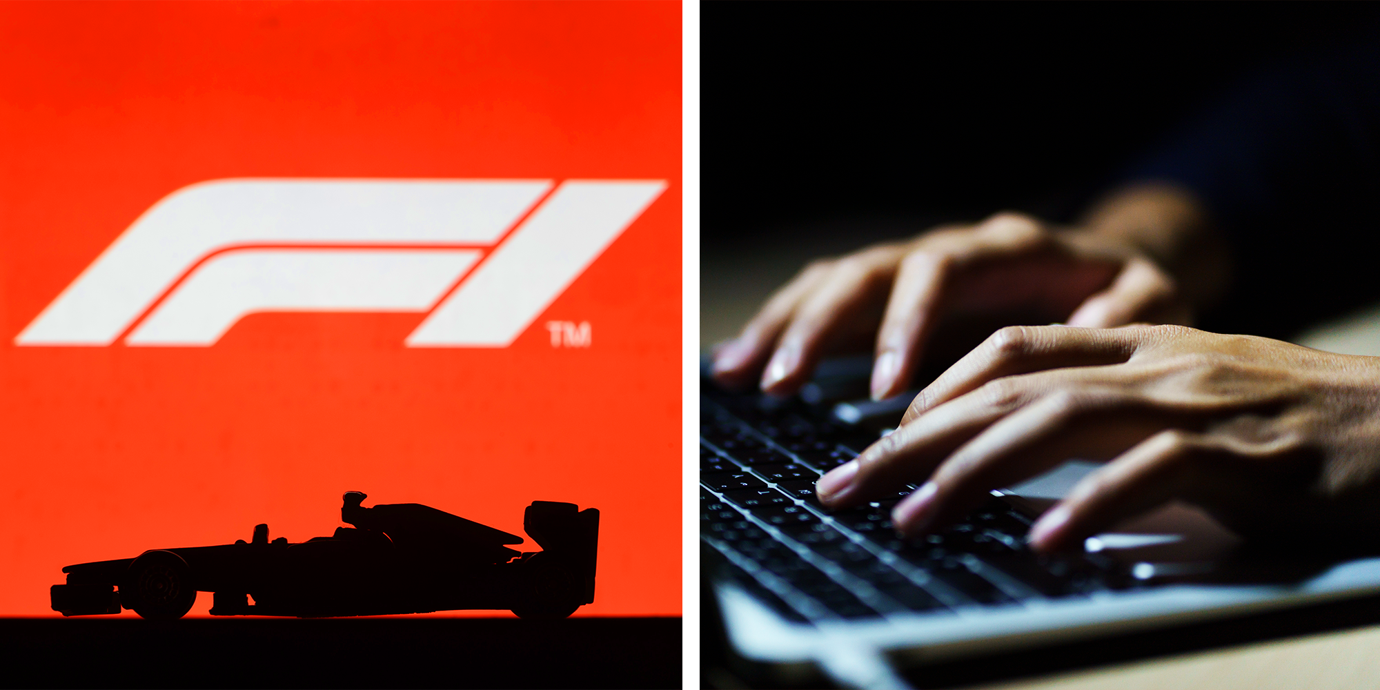 Formula 1 Logo with Kart silhouette, and hand typing on computer