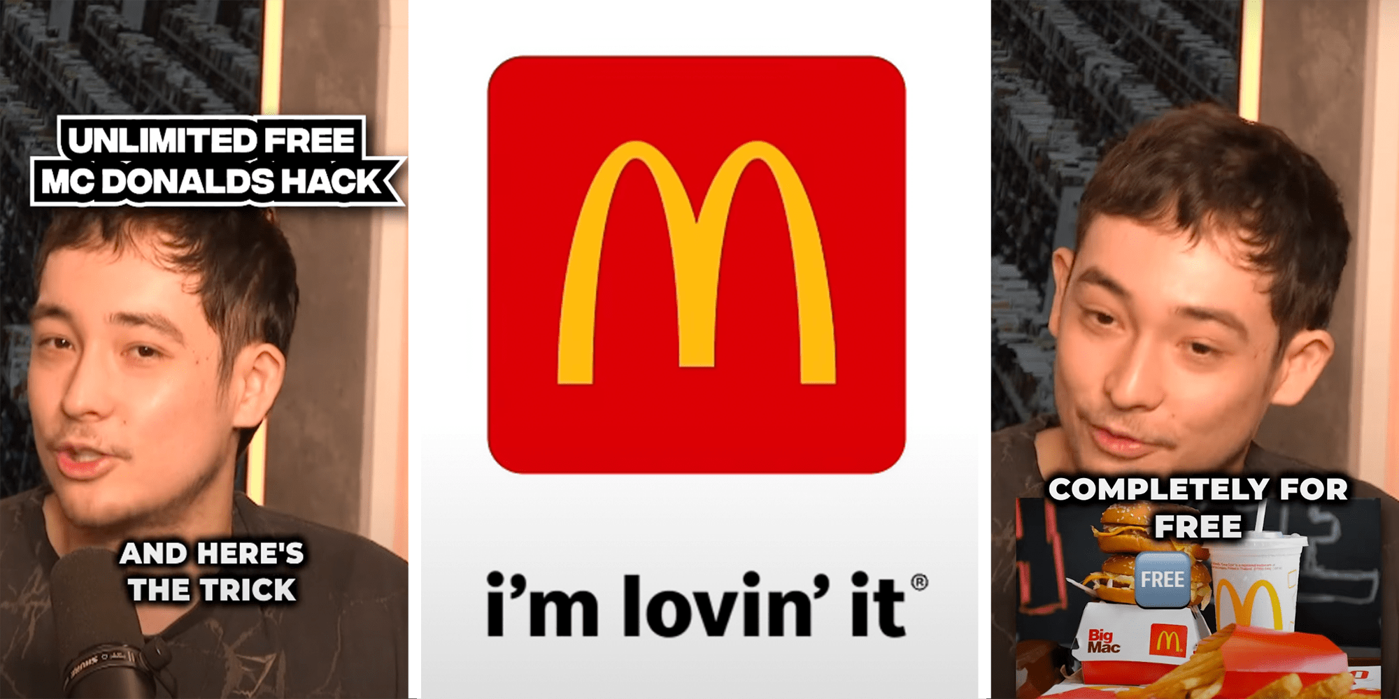 3 Panel image of Man, Mcdonalds logo and Ccdonalds food in front of a man