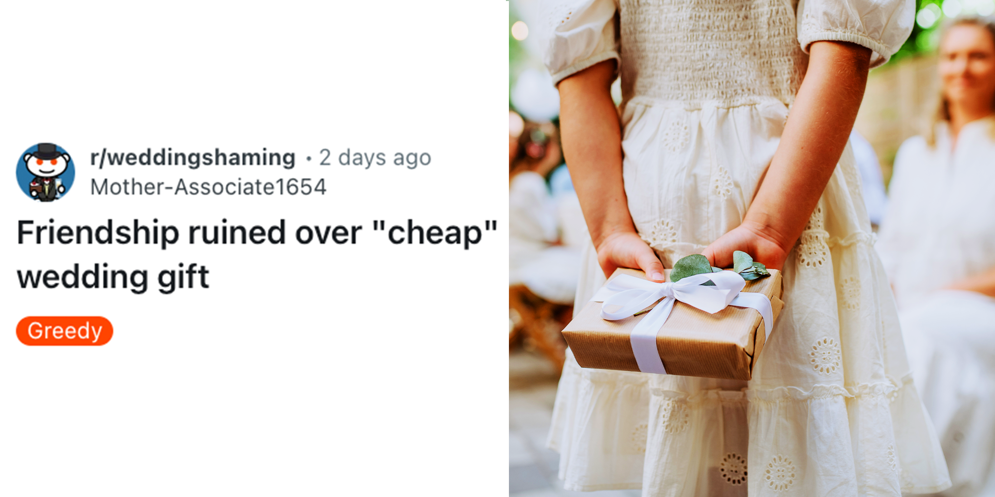 2 Panel image of Reddit caption and Person holding gift behind the back