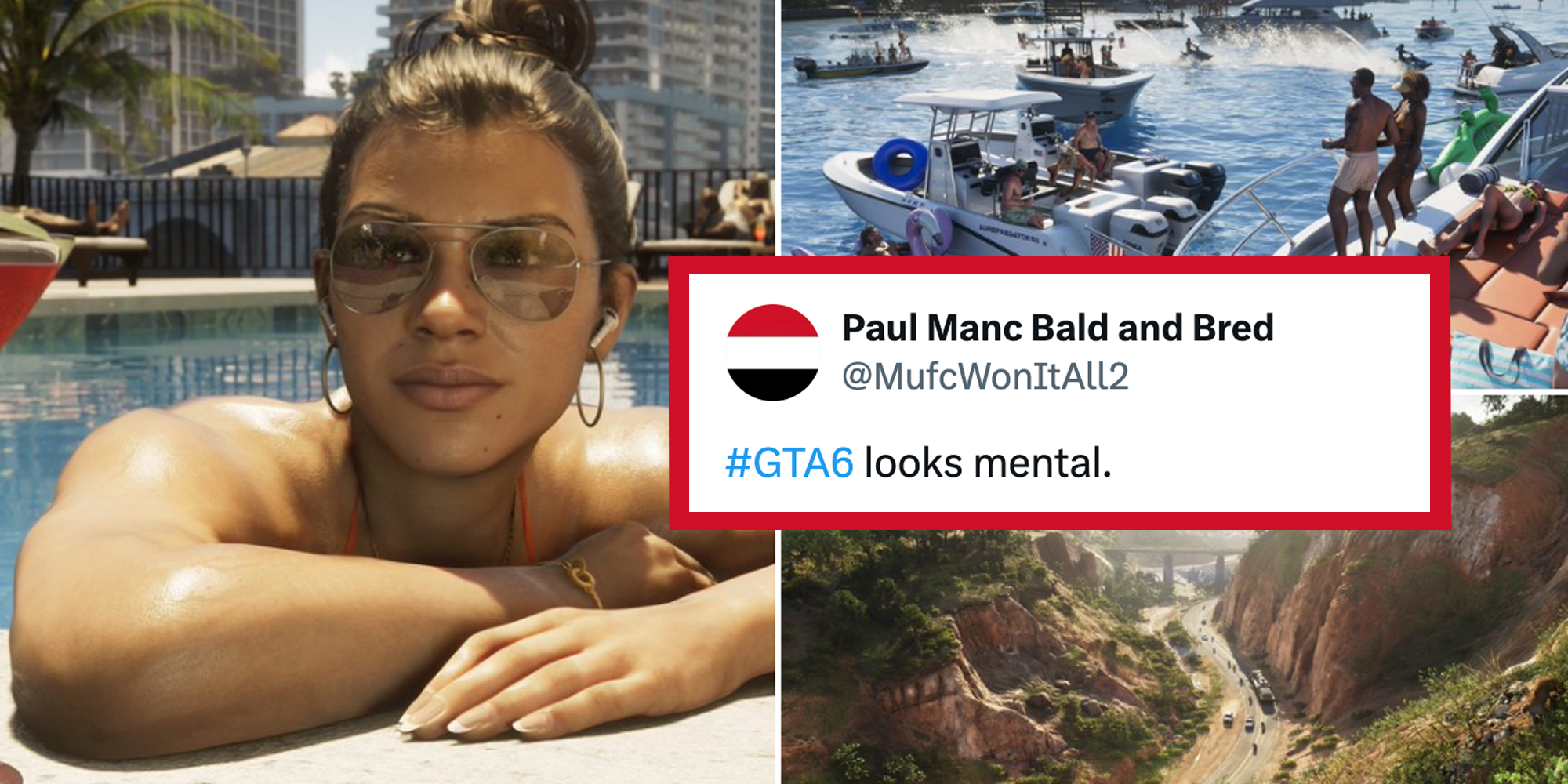 Three tiled image from Grand Theft Auto video game in background with tweet in foreground.