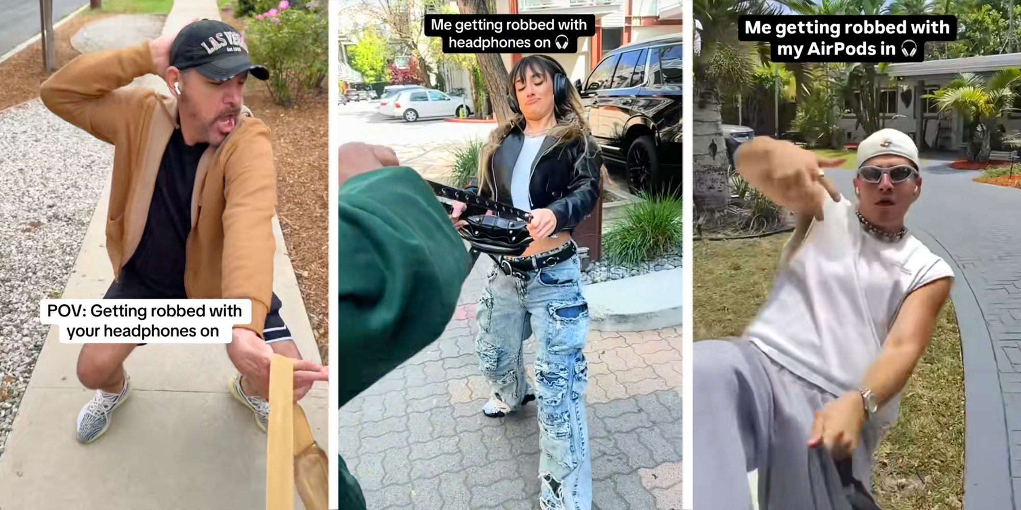 Three panel image with people tugging on handbags and dancing with headphones on.