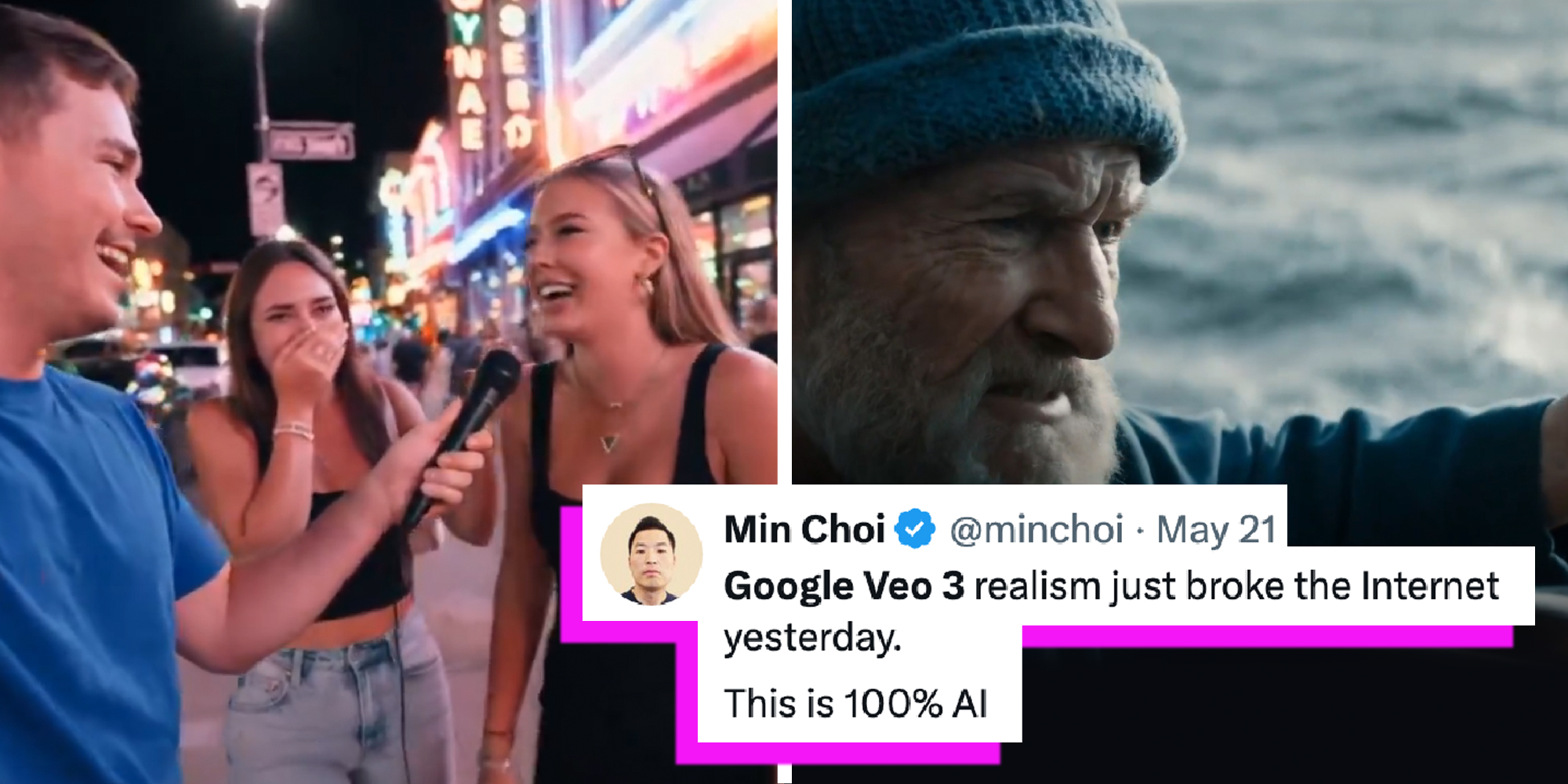 2 panel image of AI-generated images with a tweet overlaid which reads: Google Veo 3 realism just broke the Internet yesterday. This is %100 AI.