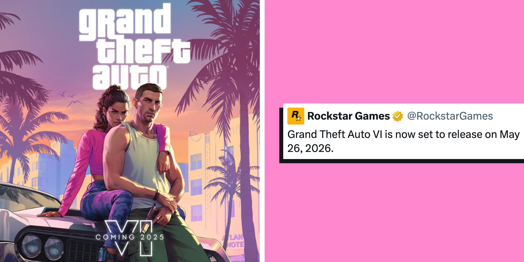 Two panel image with Grand Theft Auto graphic on left and tweet on right.
