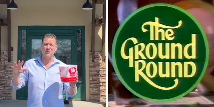 2 panel image showing a person explaining and the Ground Round restaurant logo.