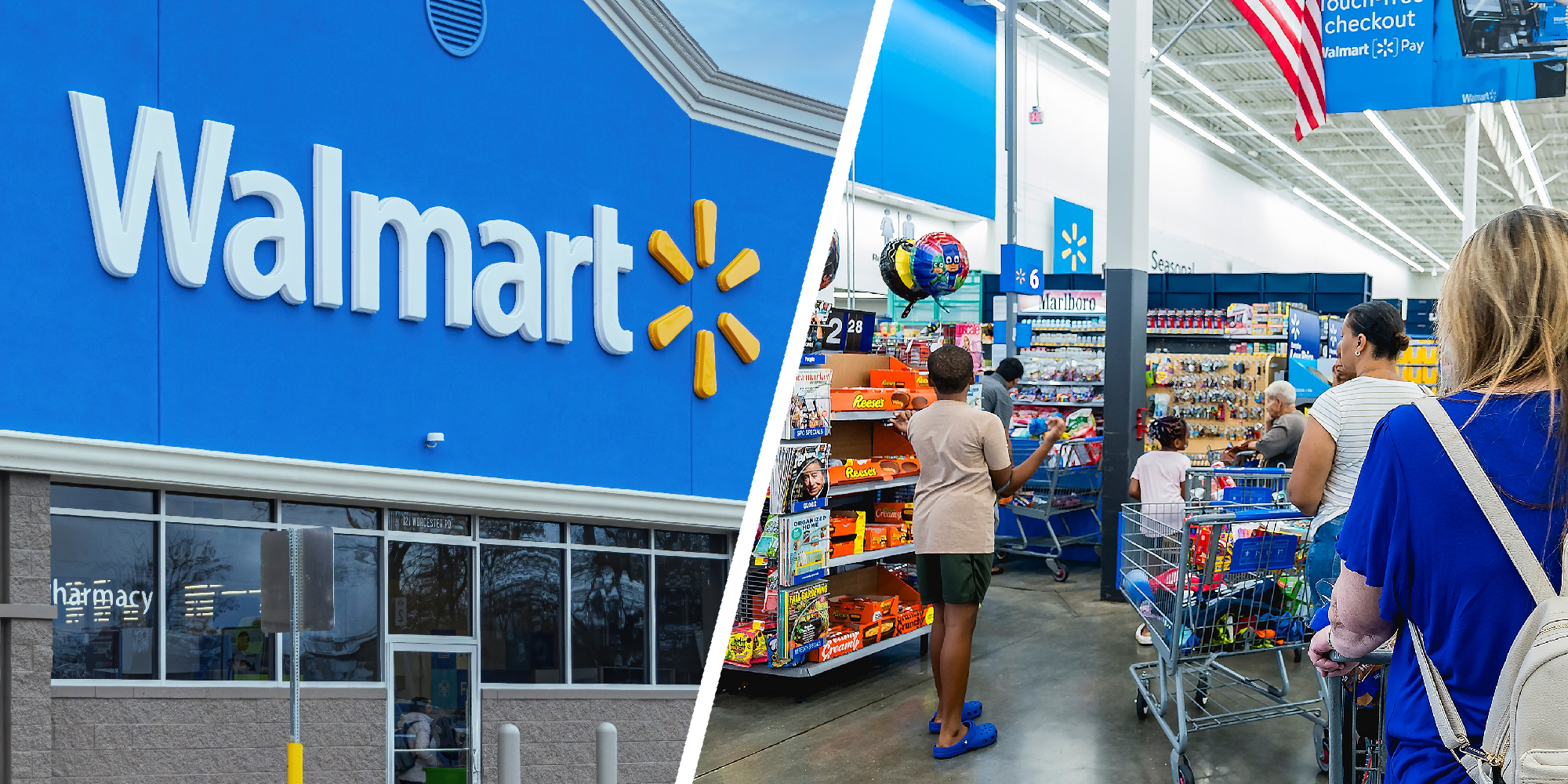 A 2 panel image showing the exterior and interior of Walmart stores.