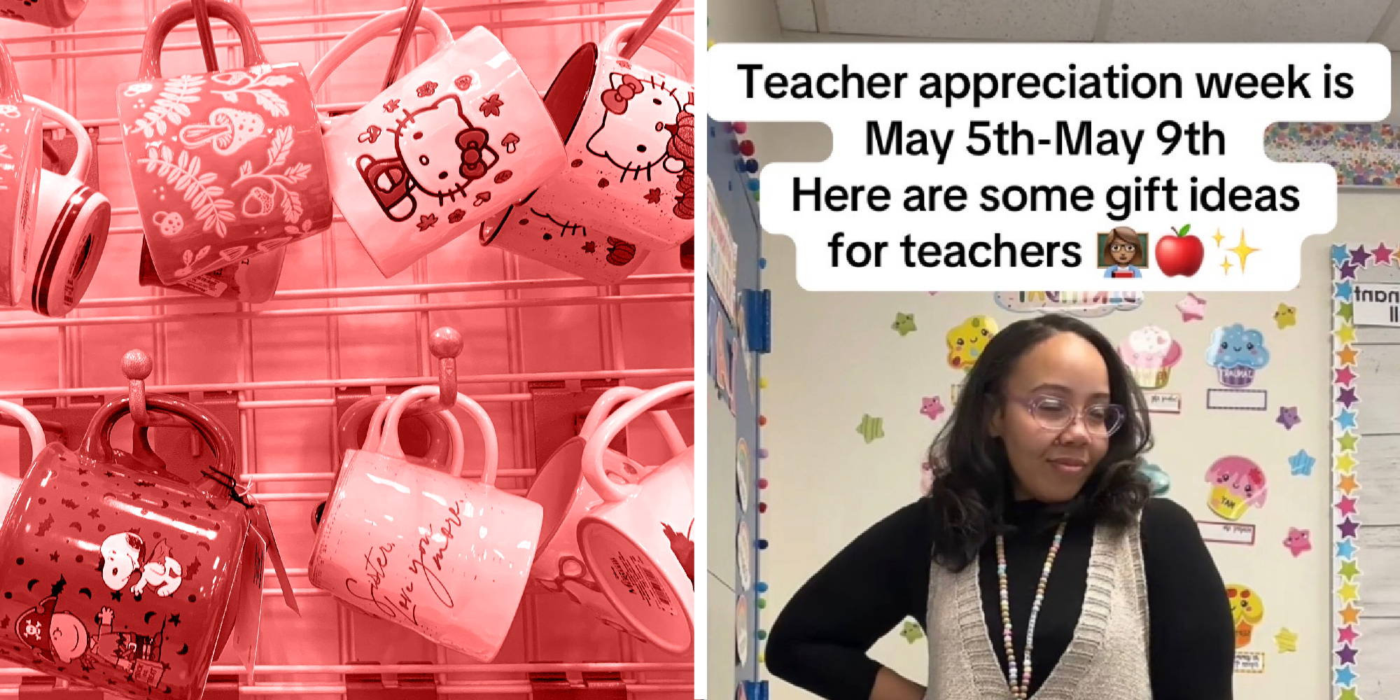 2 panel image : on the left a wall of mugs, on the right a teacher in a class room.