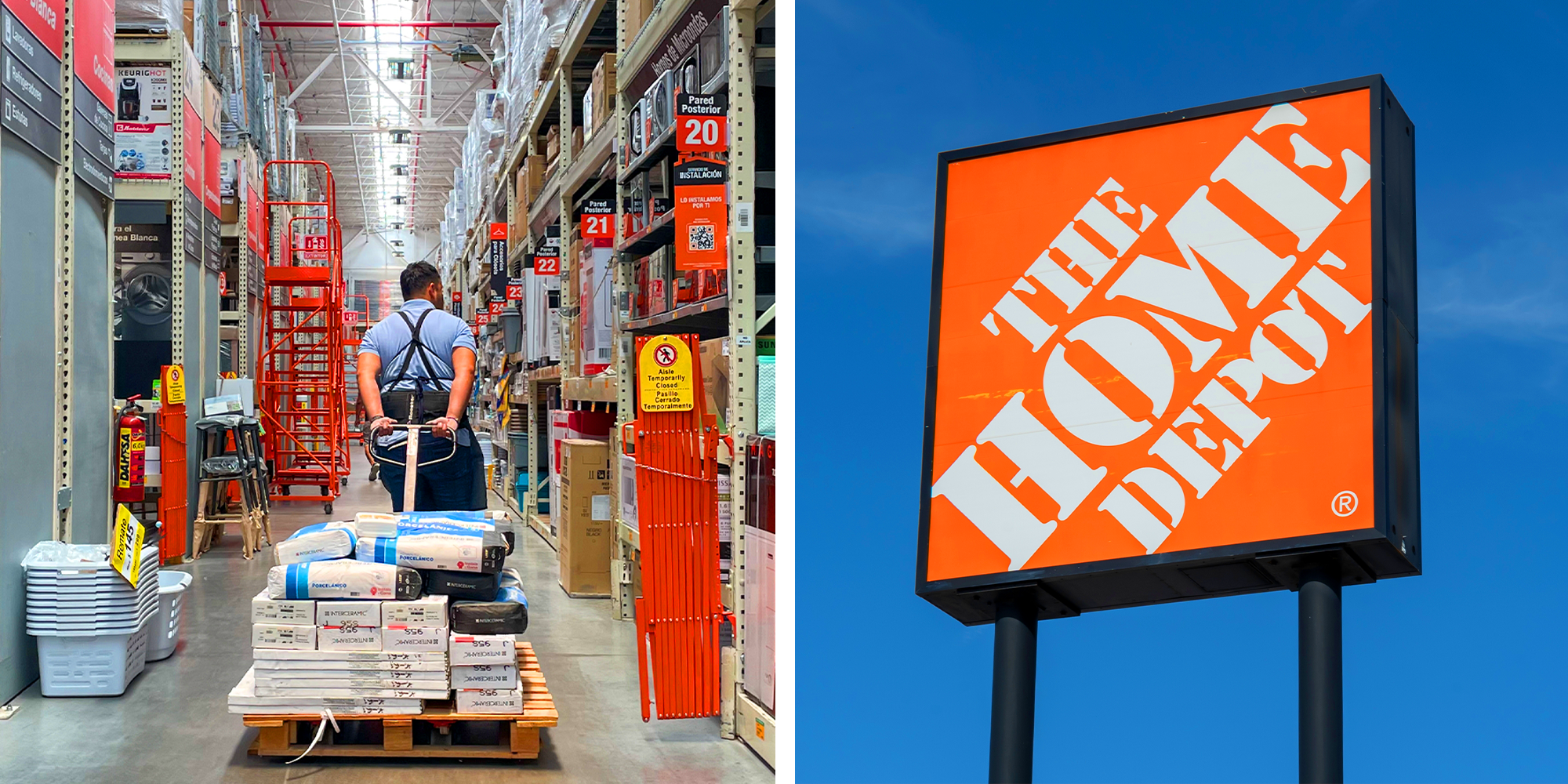 2 Panel Image, Home depot worker pulling objects and Home Depot Logo