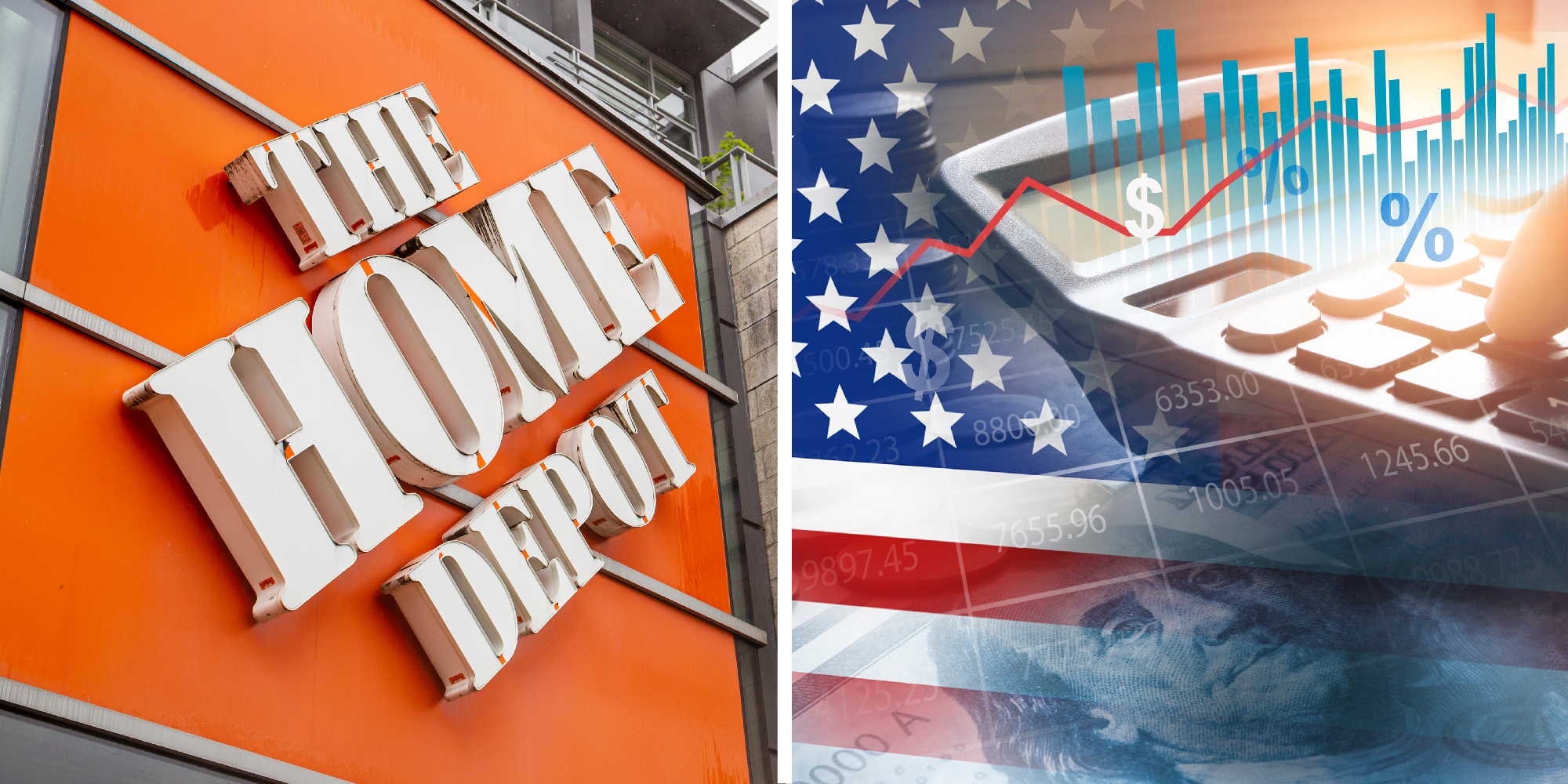 2 panel image of the Home Depot logo and a photo collage of money, a stock projection, and the american flag.
