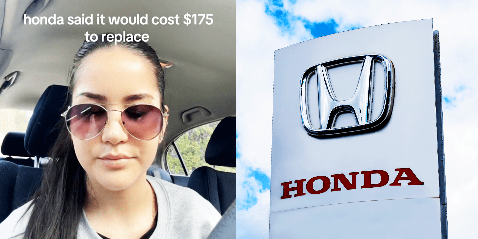 2 panel image, Woman with sunglasses sitting in her car, and Honda Logo