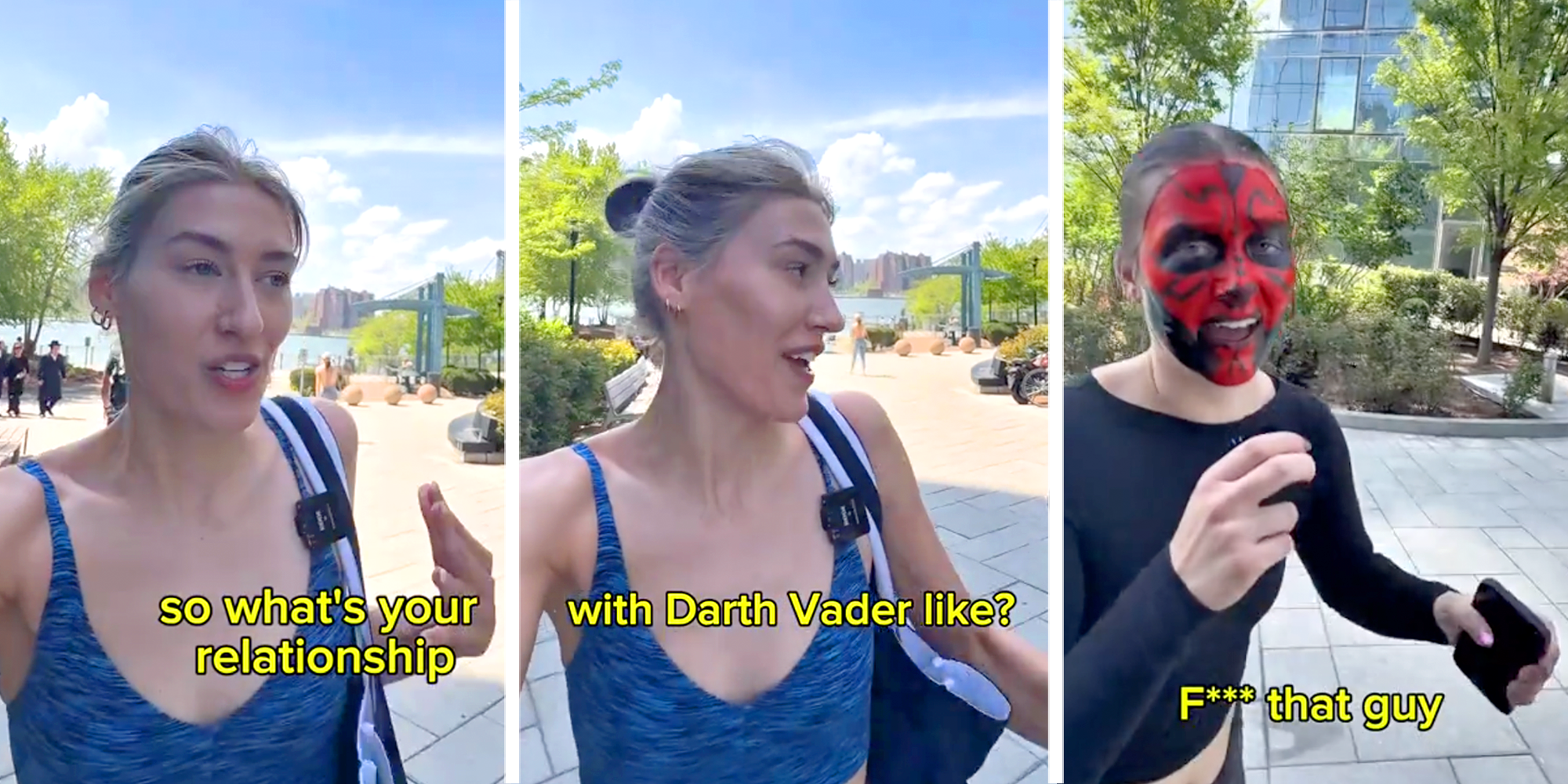 Three panel image with young woman running on left and center and another young woman running with face paint on right.