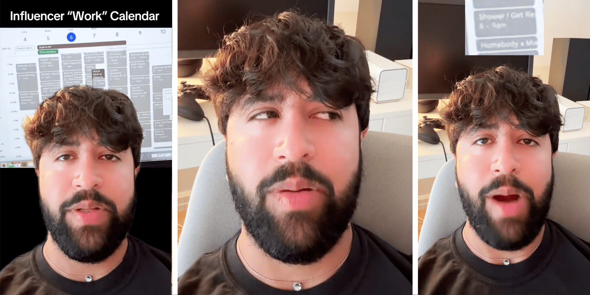 3 Panel Image, Man with bears in front of calendar and office